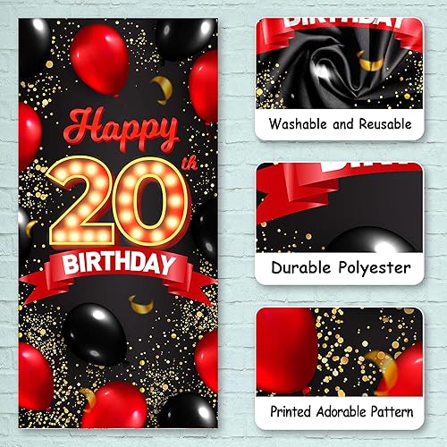 Miniatura 3 de Cartel de feliz cumpleaños 20 color rojo y negro, globos para decoración temática de globos para niñas y mujeres, princesas de 20 años, suministros