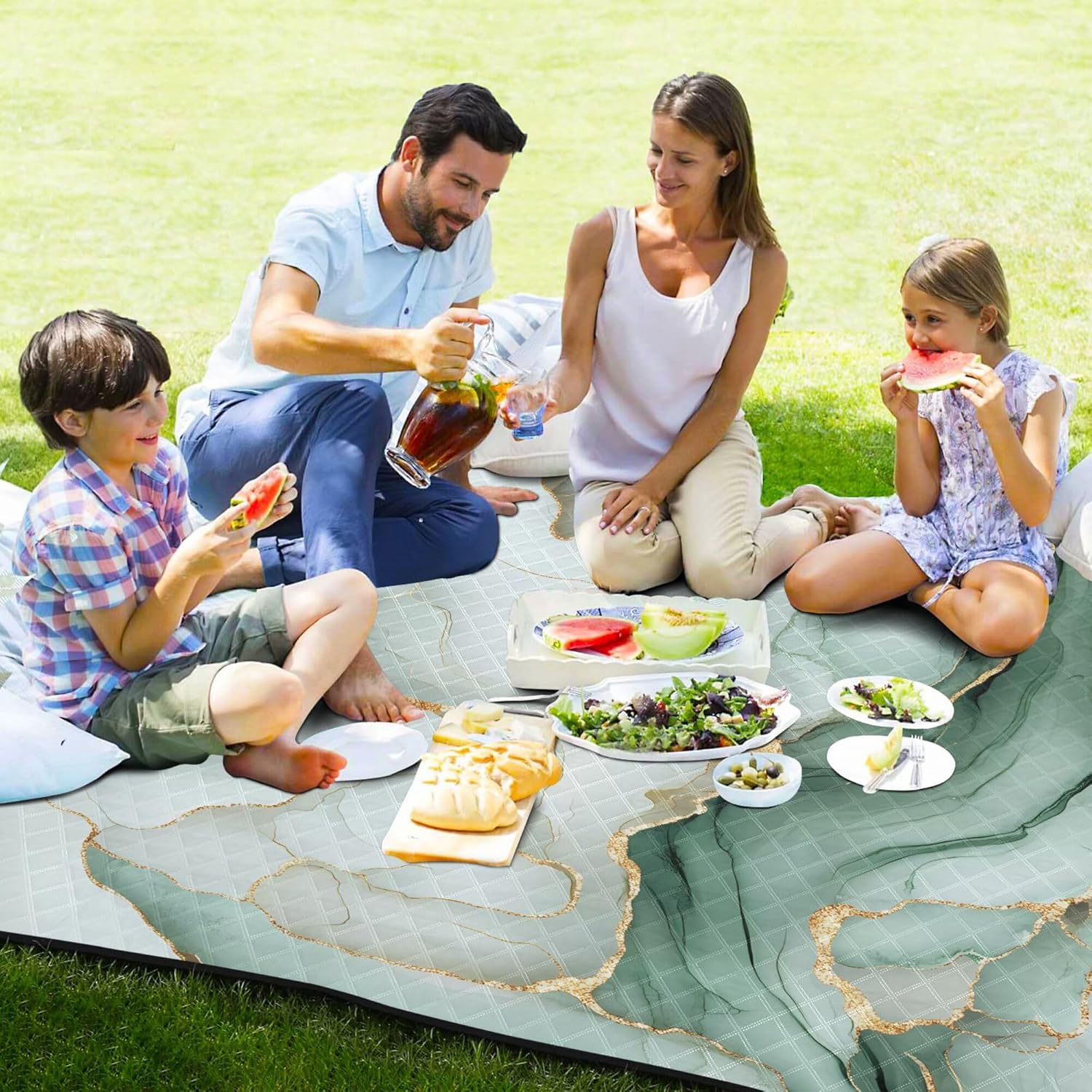Yuiboo Marble White Sage Green Waterproof Picnic Table Water-Resistant Party Beach Blankets Waterproof Sandproof for Family Spring Gifts tapete para Picnic parque