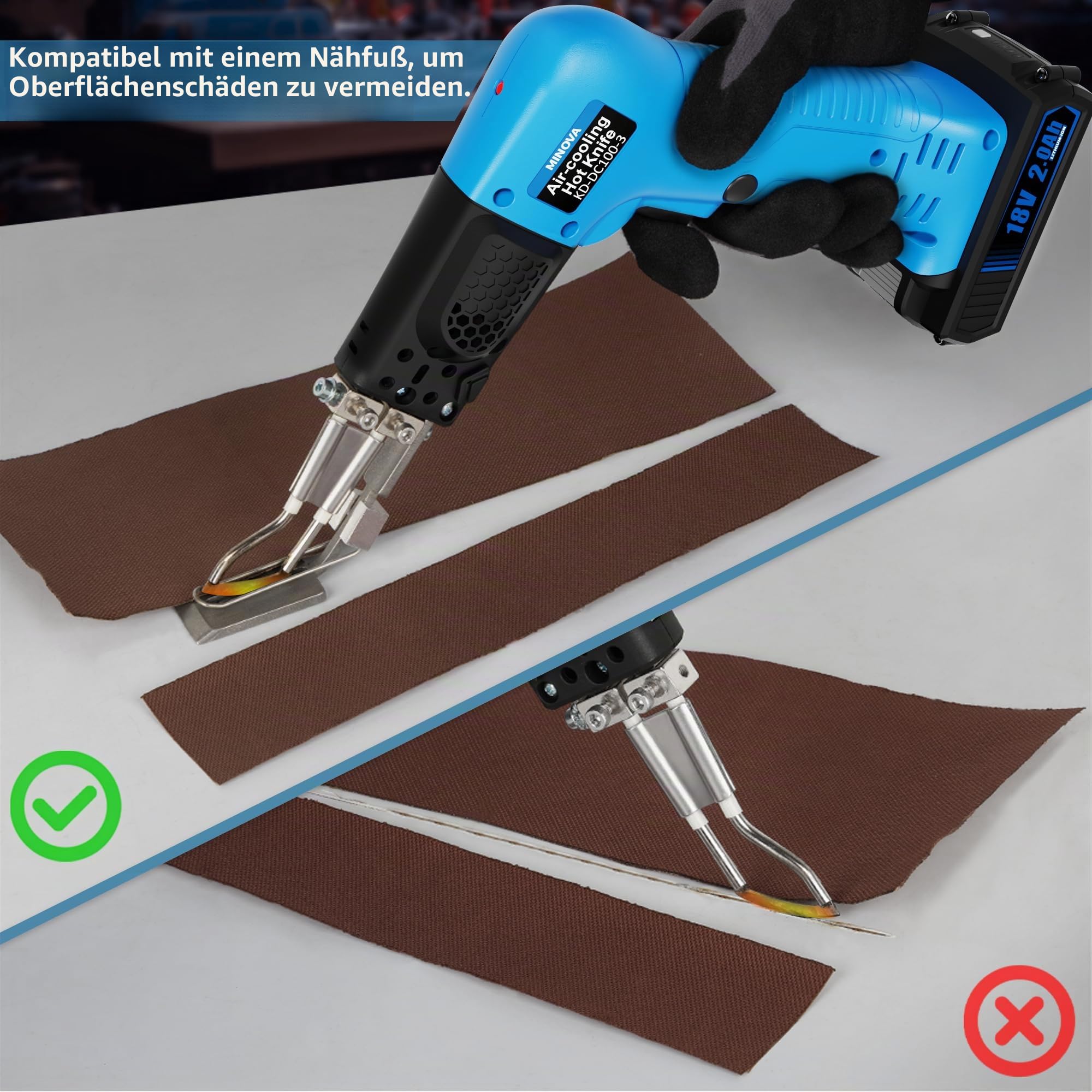 MINOVA Akku-Styrocutter KD-DC-100-3 Luftkühler kabelloser Seilschneider Pro Elektrischer Heißmesser Stoffschneider Seilschneidwerkzeug-Set (2.0Ah 18V)