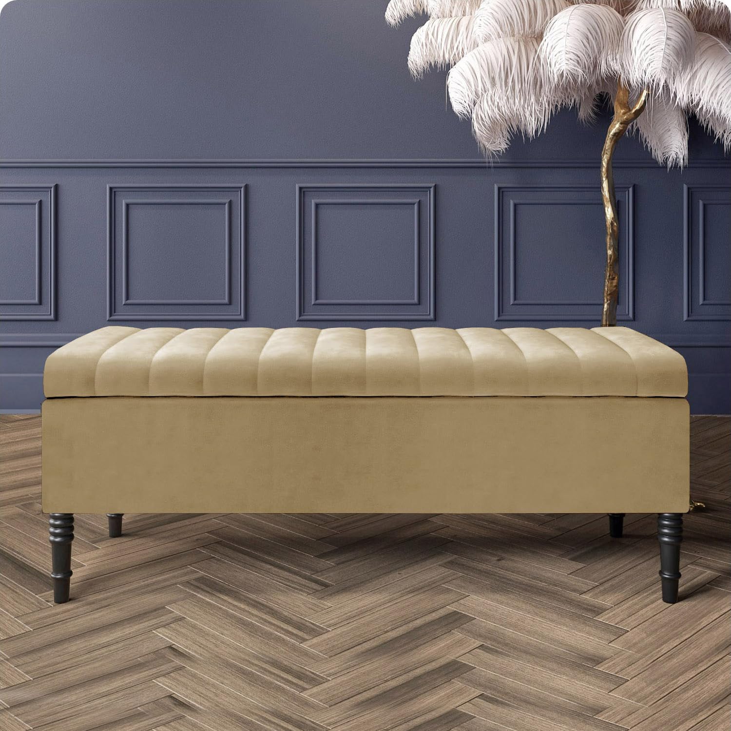 Paris Velvet Ottoman Storage Bench with Legs, End of Bed Blanket Box with Extra Deep Hidden Storage & Hinged Lid, Upholstered Ottoman Storage Box, Shoe Storage Ottoman, Padded Entryway Seat