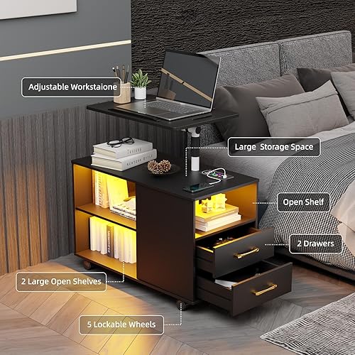 Miniatura 71 de HNEBC Mesita de noche con estación de carga inalámbrica, la mesita de noche LED tiene una estación de trabajo giratoria ajustable, mesita de noche 1