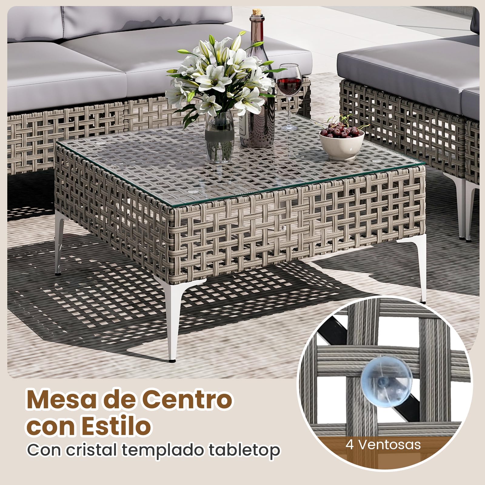 COSTWAY Conjunto Jardin Exterior 5 Piezas de Ratan PE, 1 Sillon de 2 Plazas, 2 Sofas, Mesa de Café de Cristal Templado, Cojines de Asiento y Respaldo, Mesa y Sillas Jardin Terraza Balcon (5 Piezas)