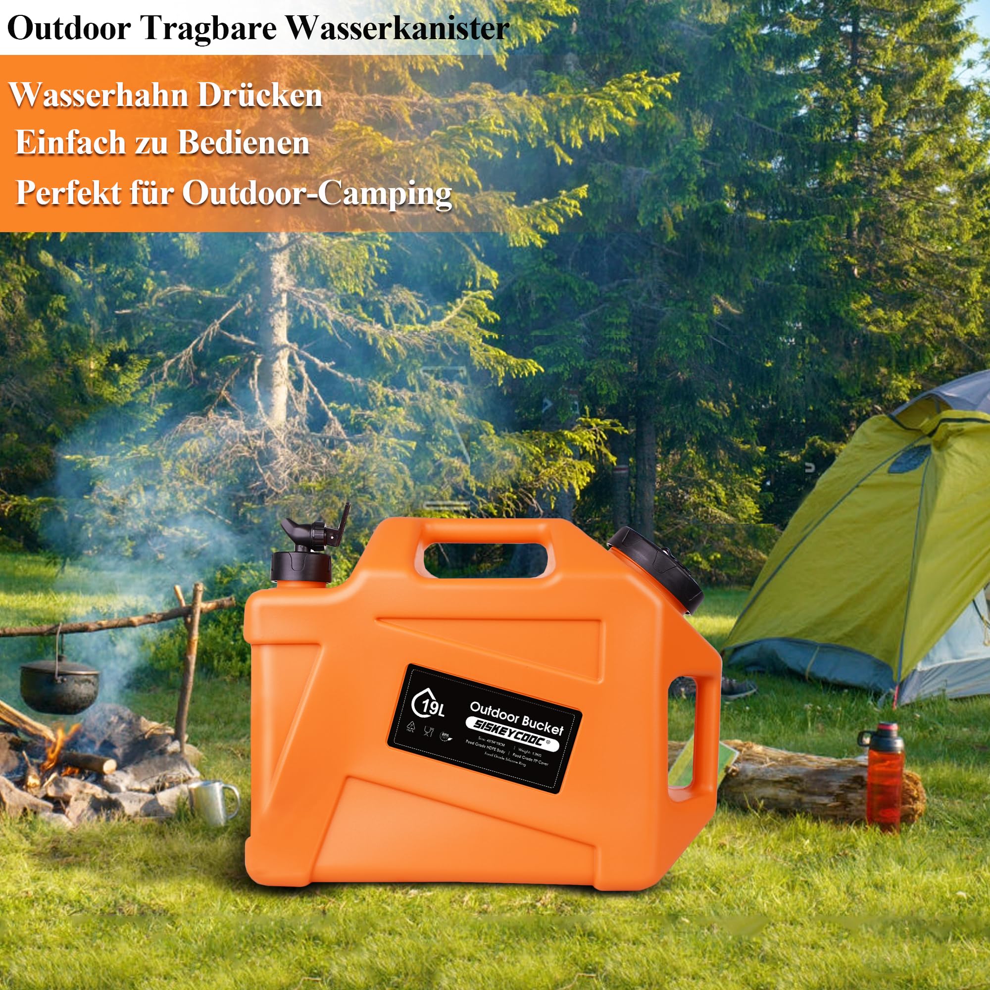 Bidon d'eau portable de 19 l avec robinet - Réservoir d'eau sans BPA - Orange - Multifonction - Pour camping, extérieur, transport d'urgence - Orange - 19 l