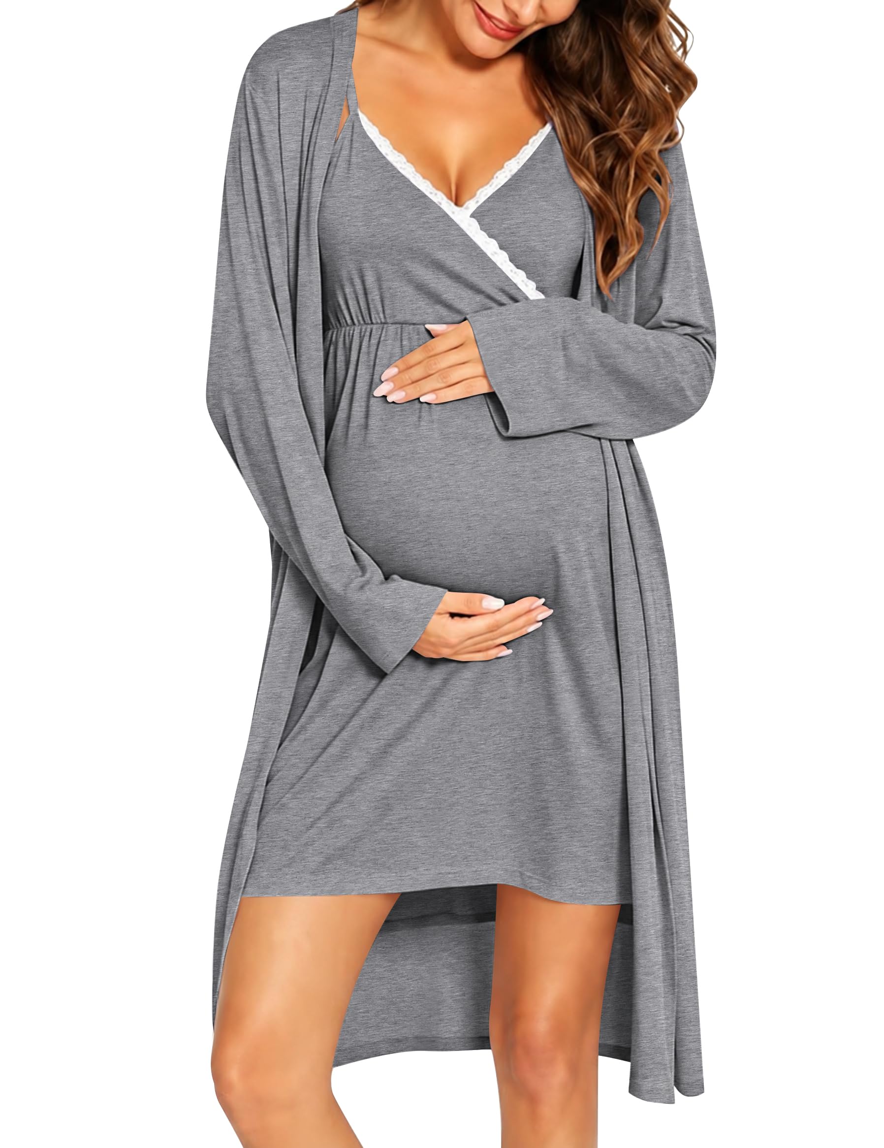 SWOMOG Womens Maternity Robe 2 Piece Nursing Nightgown for Breastfeeding 3 in 1 Labor Delivery Nursing Dress Lace Bathrobe