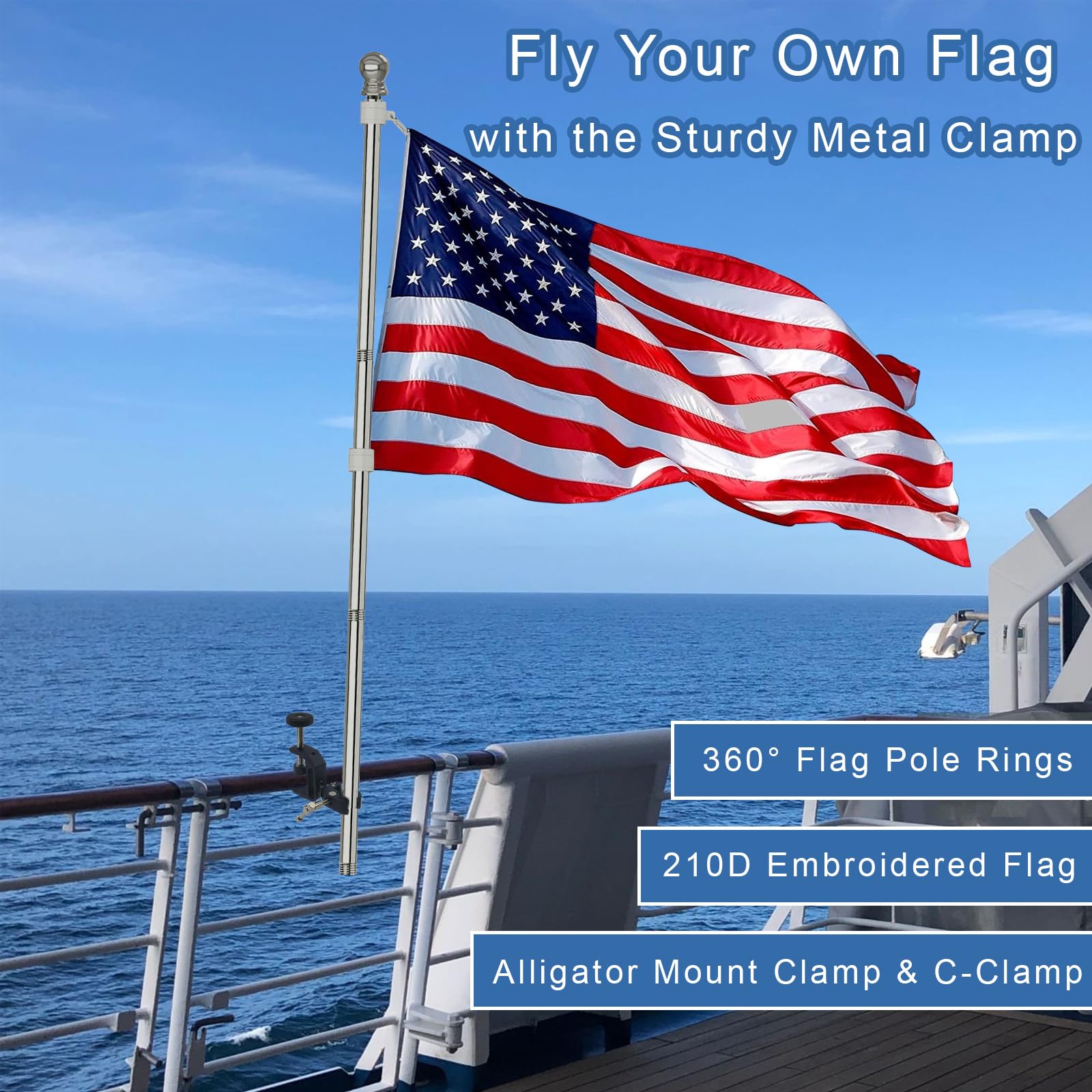 Boat Flag Pole Kit with 24? x 36? American Flag, Pontoon Boat Flag Mount, 48 FLAGPOLE LIGHT