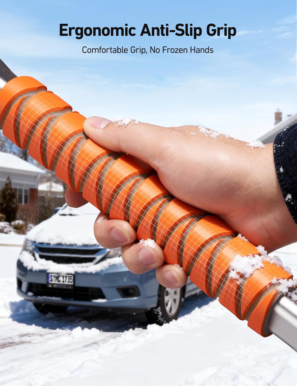 AstroAI 47.2" Ice Scrapers for Car Windshield, 3 in 1 Sturdy Snow Brush with Squeegee, 10 Adjustable Length Settings, Extendable Aluminum Handle, 180° Pivoting Snow Scraper for Car, Truck, SUV(Orange)