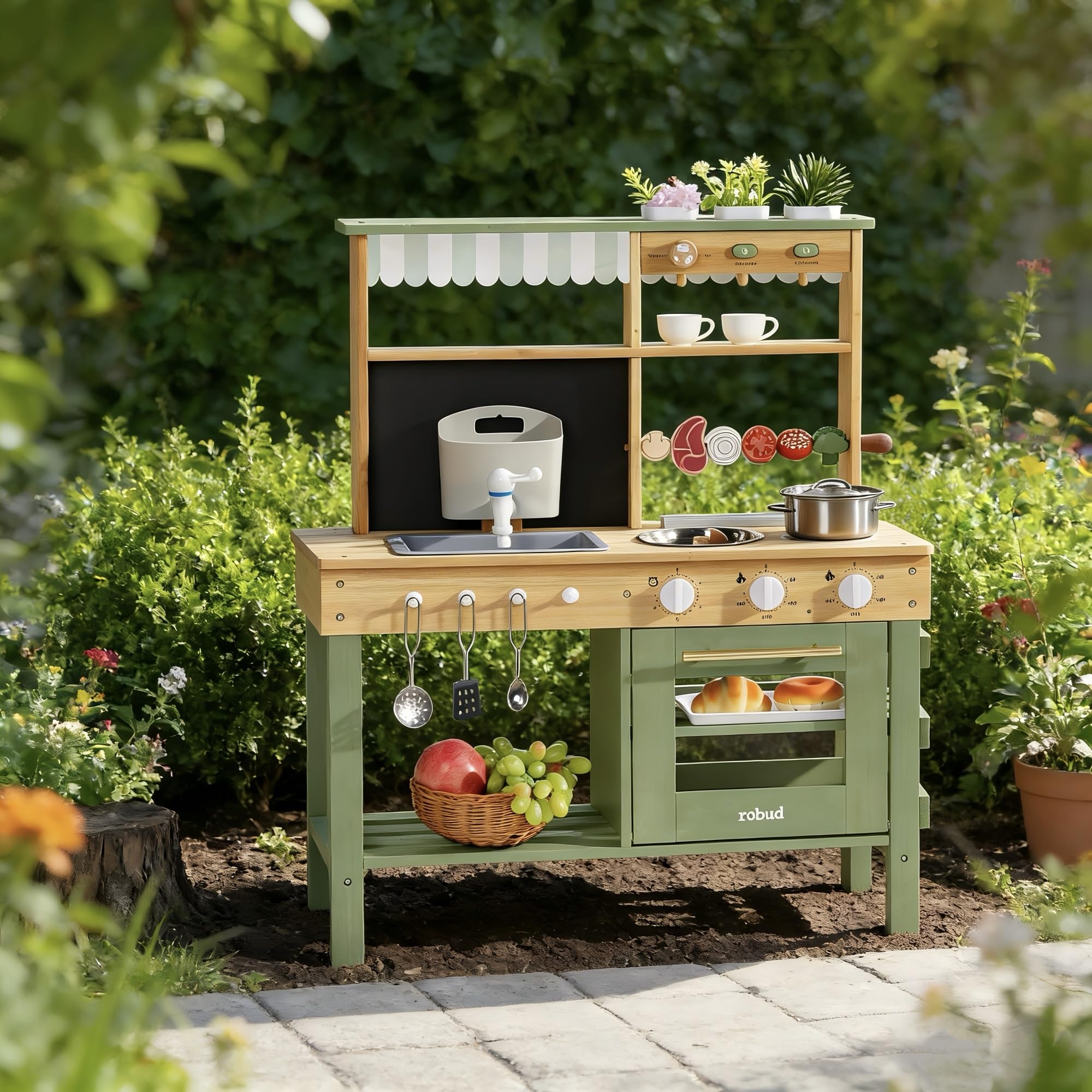 ROBUD Cocina de Madera para Niños, Cocina de Juguete con Fregadero Extraíble, Pizarra, Horno, Tazas para Café y Plantas, Juguete para Exterior para Barbacoas, Regalo para Niños y Niñas de 3+