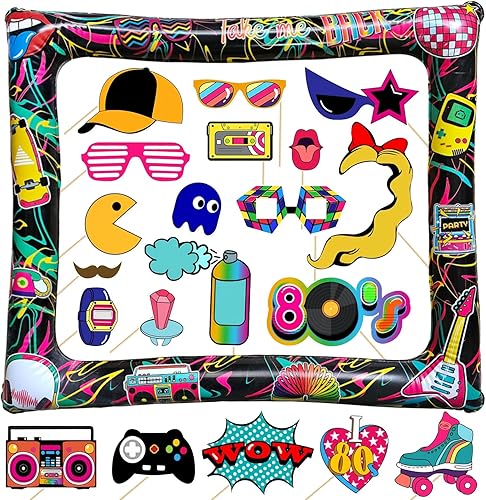 Juego de 21 portarretratos inflables para selfies de los años 80 y accesorios para fiestas retro de los años 80 I Love 80s Party Selfie Props para