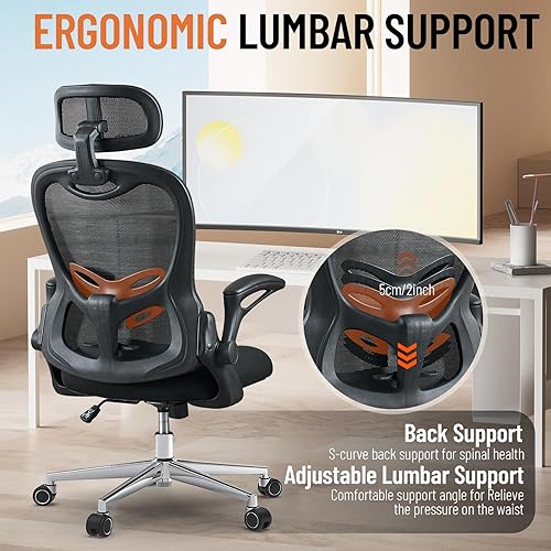 Miniatura 3 de Silla de oficina, malla ergonómica transpirable, brazos abatibles y respaldo alto ajustable, cómoda silla de computadora para oficina en casa