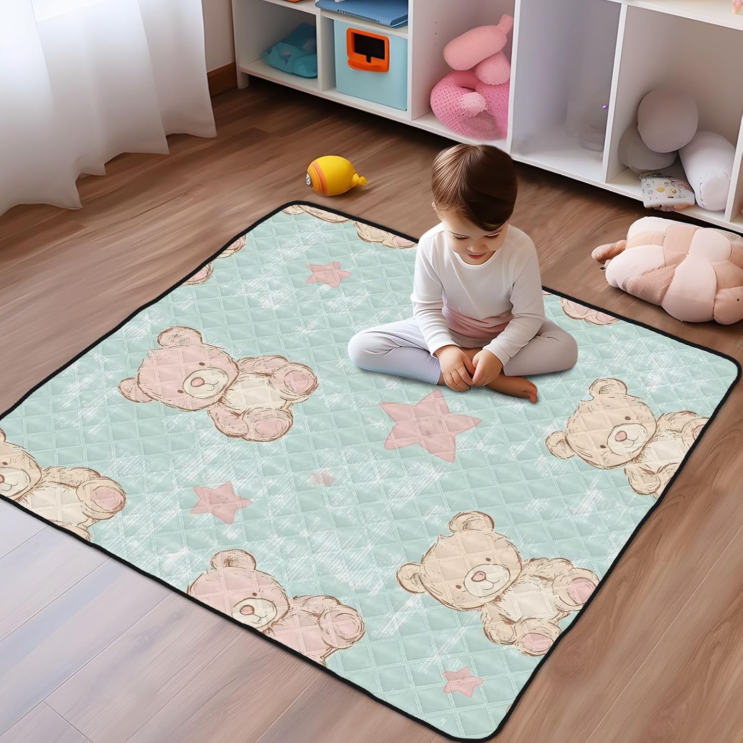 Doodle Cute Bear Pattern Baby Play Mat, 50“ X 50” Washable Folding Crawling Mat, Baby Floor Mat, Soft, Thick, Non-Slip