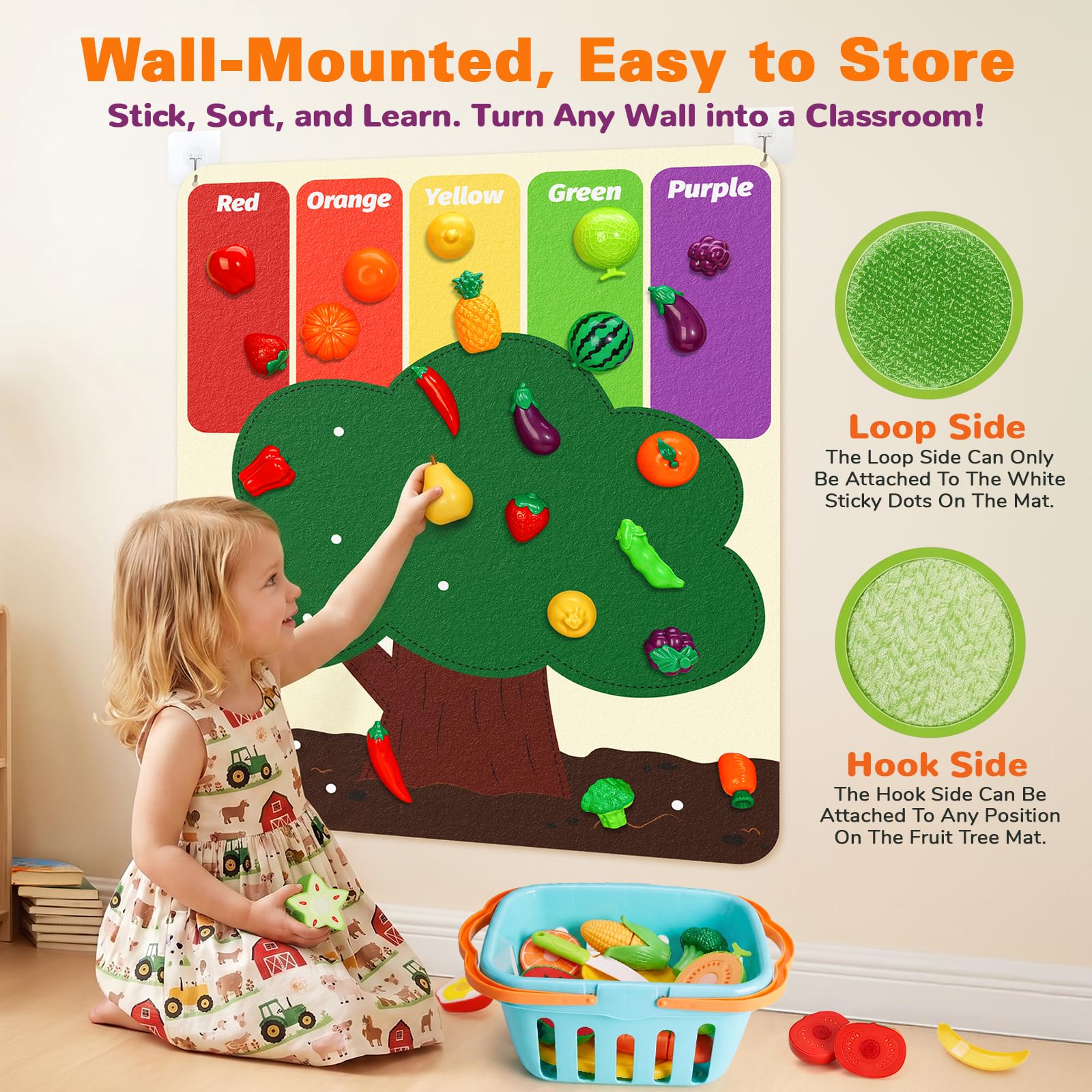 Conjunto Wdebay: fruta para cortar + alfombra de árbol de fieltro. Accesorios para comedores, Juego de comida para cocina infantil. Juguete educativo a partir de 3 años – Regalo para niñas/niños