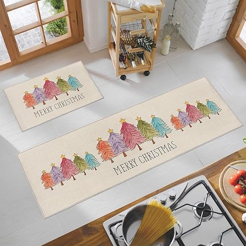 Miniatura 10 de Alfombras de cocina largas para piso, alfombra absorbente de entrada con diseño de árbol de Navidad en acuarela para interiores, alfombra