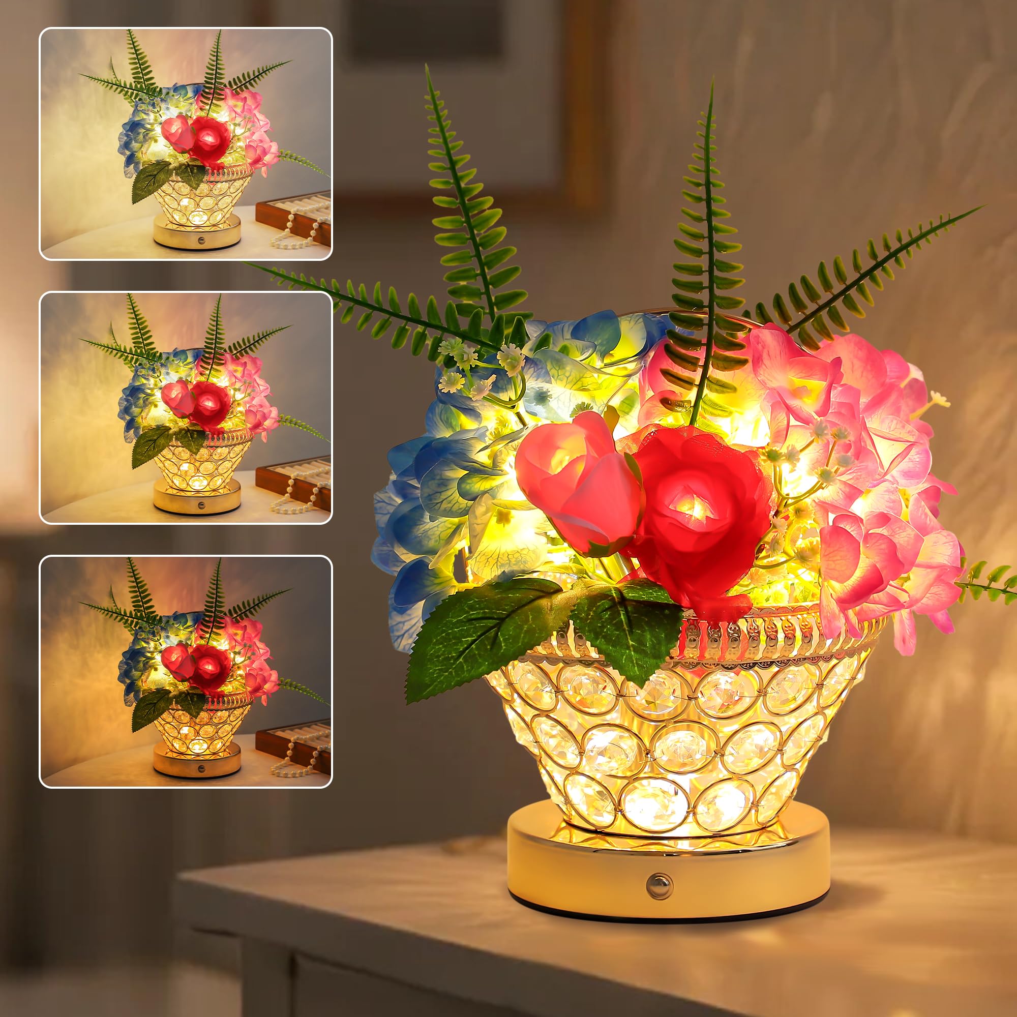 Birthday Gifts for Women, Gift Basket for Mom Blue &amp; Pink Hydrangea Rose Cordless Table Lamp, 3 Color Crystal Lamps Touch Bedside Lamps with USB Charge Small Night Light for Bedroom