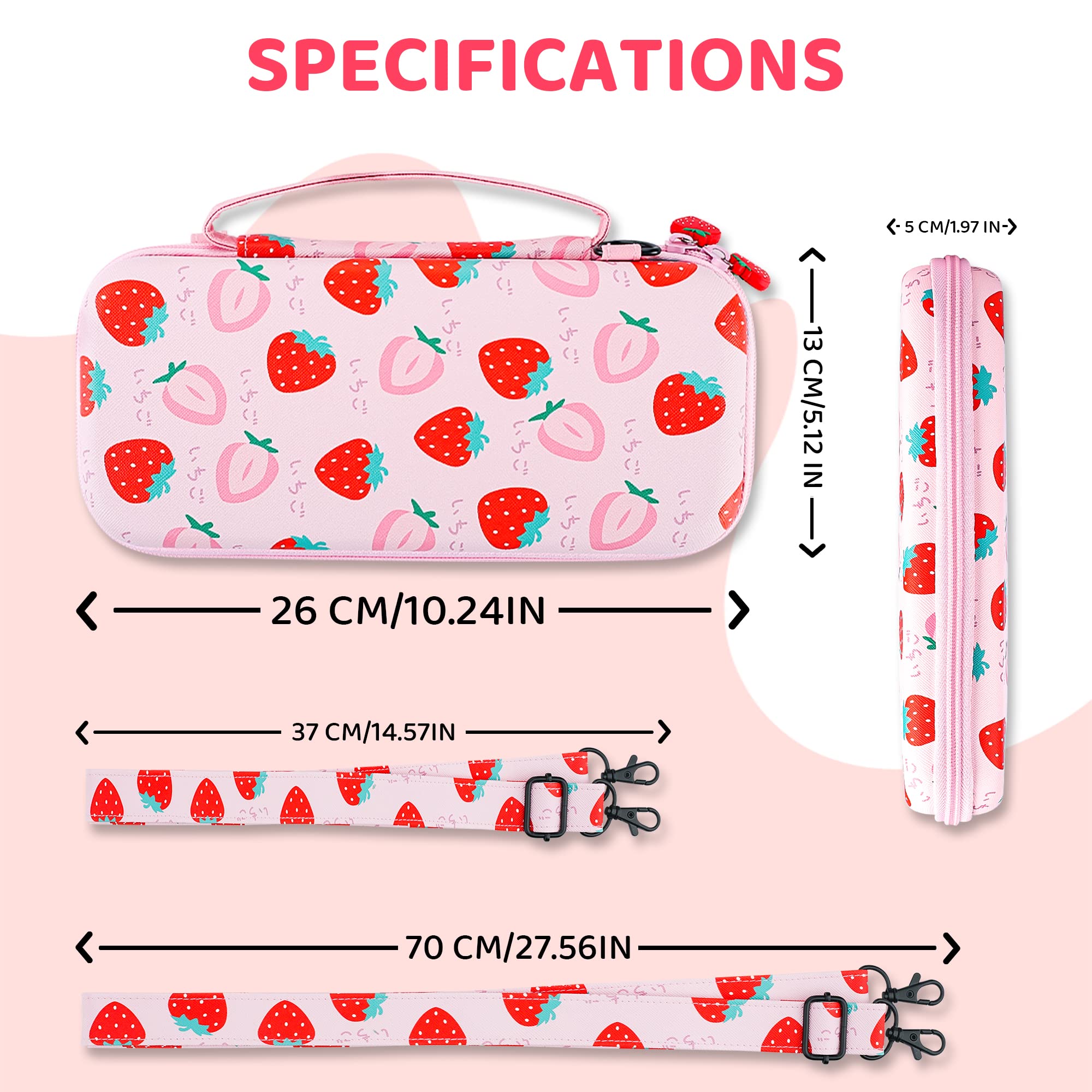 FANPL Étui de Transport pour Nintendo Switch et Switch OLED, étui de Voyage Rose Fraise avec bandoulière réglable, poignées pour Les Pouces, Coque de Protection Rigide Anti-Rayures, Rose