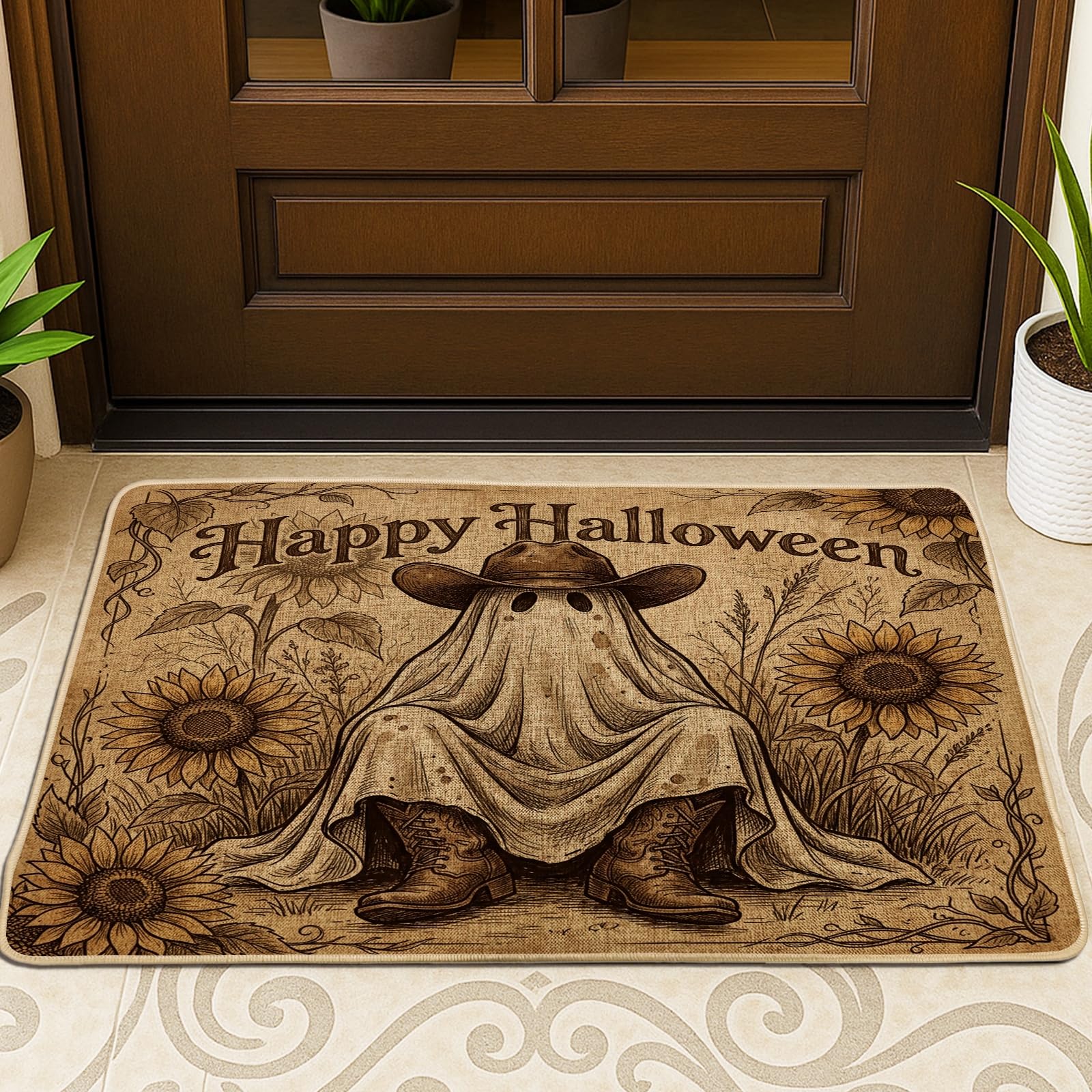 Tapete de bienvenida de fantasma y goma marrón antideslizante para la entrada de Halloween