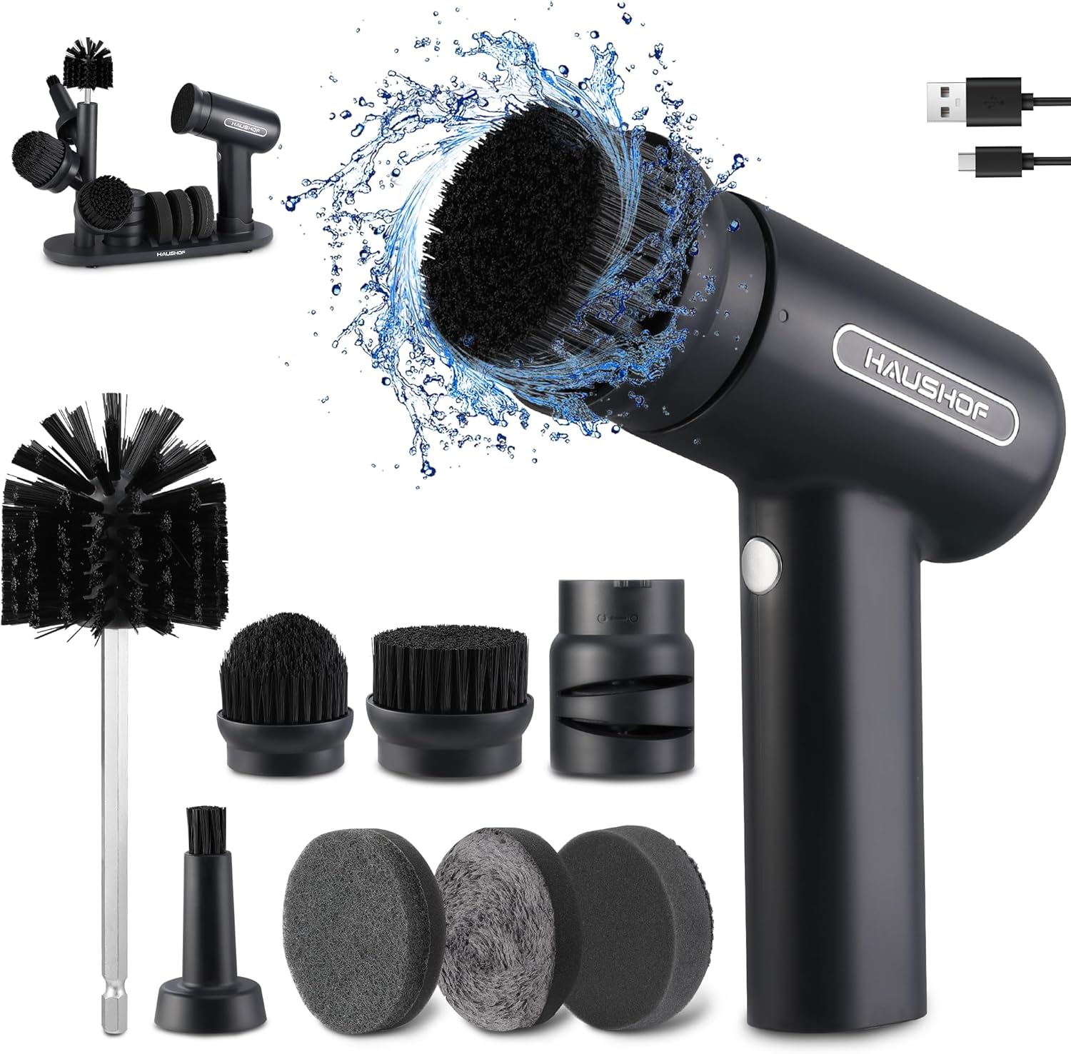 HAUSHOF Electric Spin Scrubber, Cordless Cleaning Brush with 8 Replaceable Heads and 3 Speeds for Cleaning Kitchen, Bathroom, Knife Sharpener Included HAUSHOF Electric Spin Scrubber, Cordless Cleaning Brush with 8 Replaceable Heads and 3 Speeds for Cleaning Kitchen, Bathroom, Knife Sharpener Included