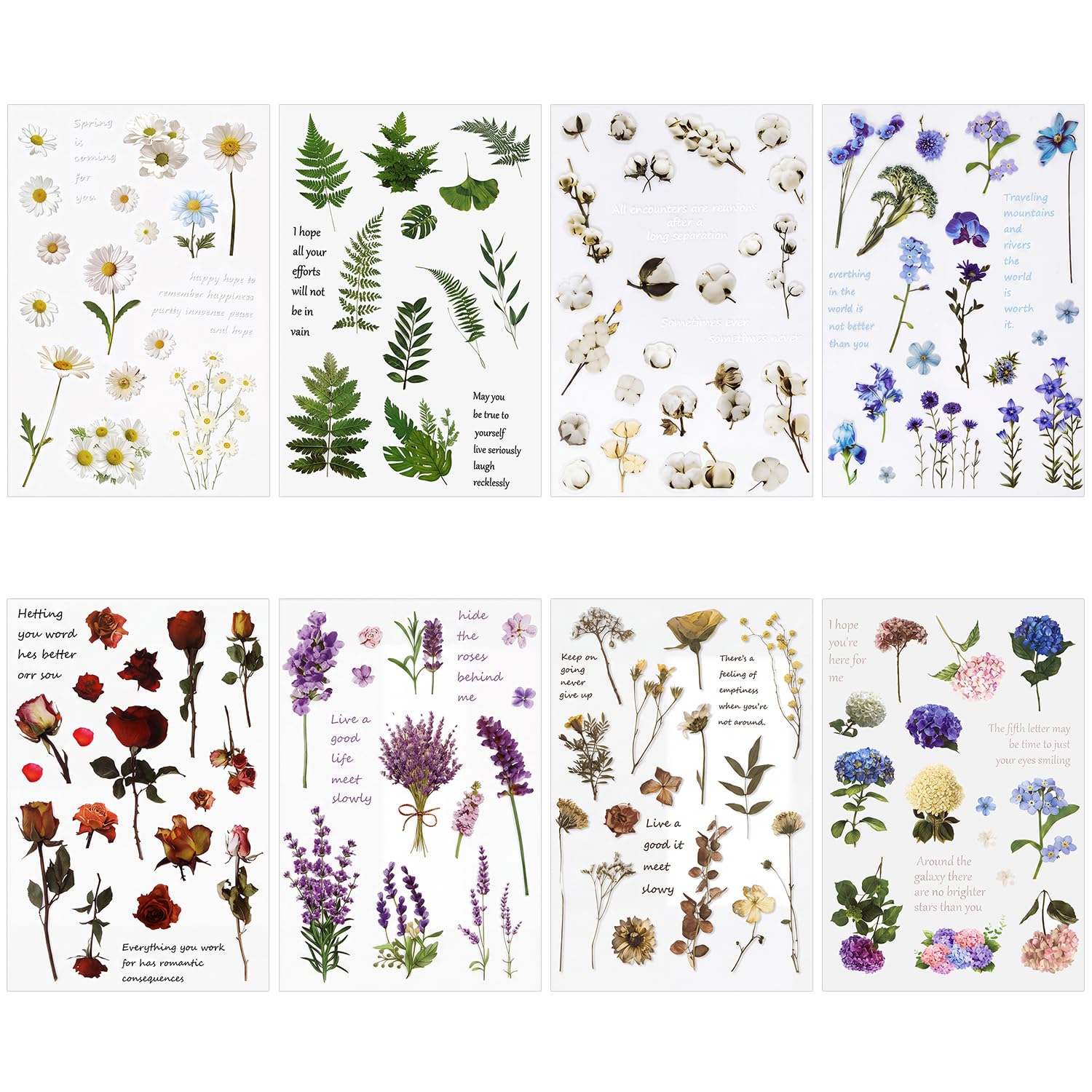 Flower Stickers, Natural Scrapbook Stickers 8 Sheets Floral Stickers Self-Adhesive Transparent Flower Stickers for Scrapbook Supplies, Card, Laptop, DIY Crafts, Bottle (Style 2) — image 1