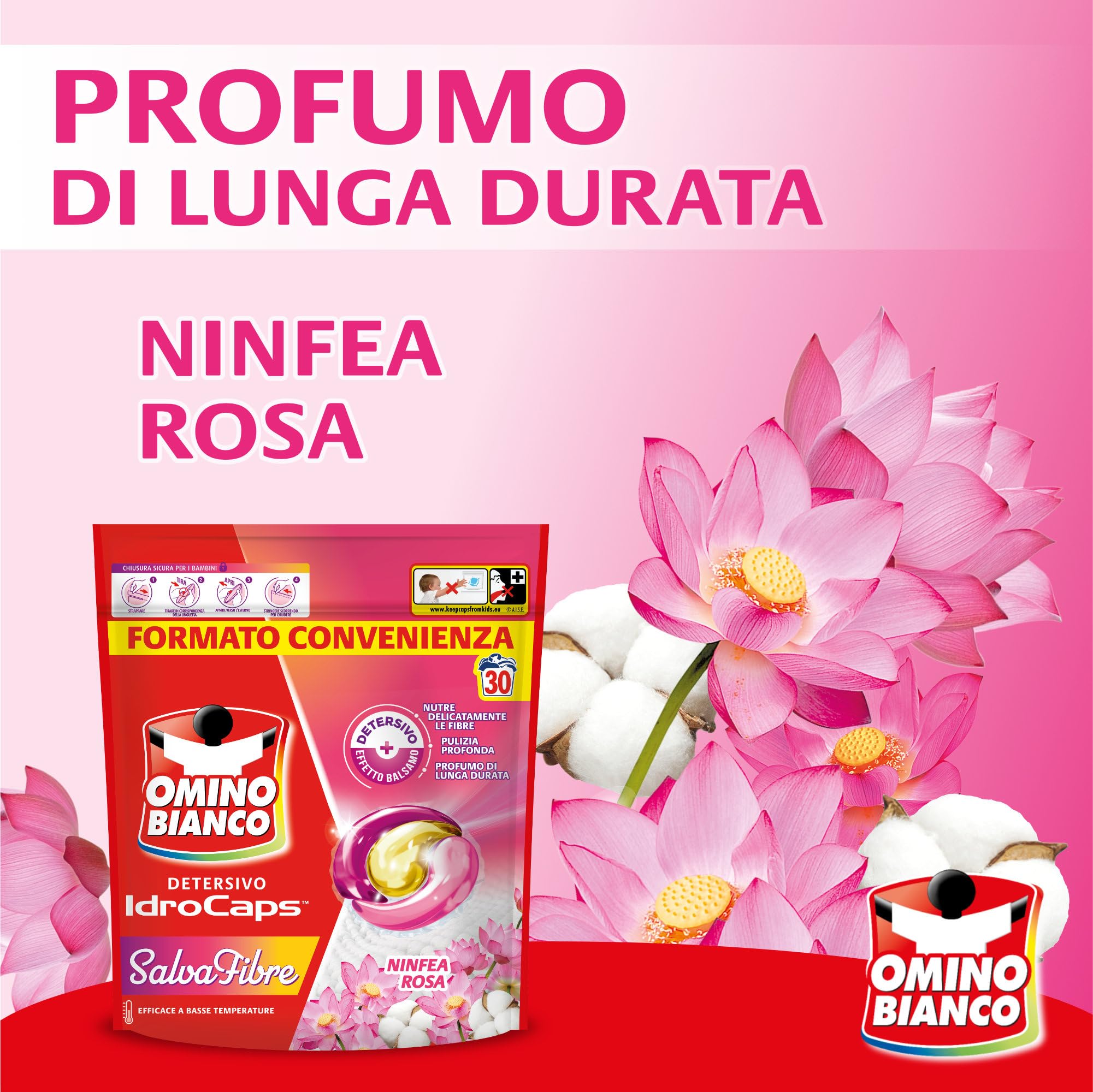 Omino Bianco Idrocaps - Detersivo Lavatrice In Capsule Salva Fibre, 120 Lavaggi, Efficace a Basse Temperature, Profumo Ninfea Rosa, 30 Caps x 4 Confezioni
