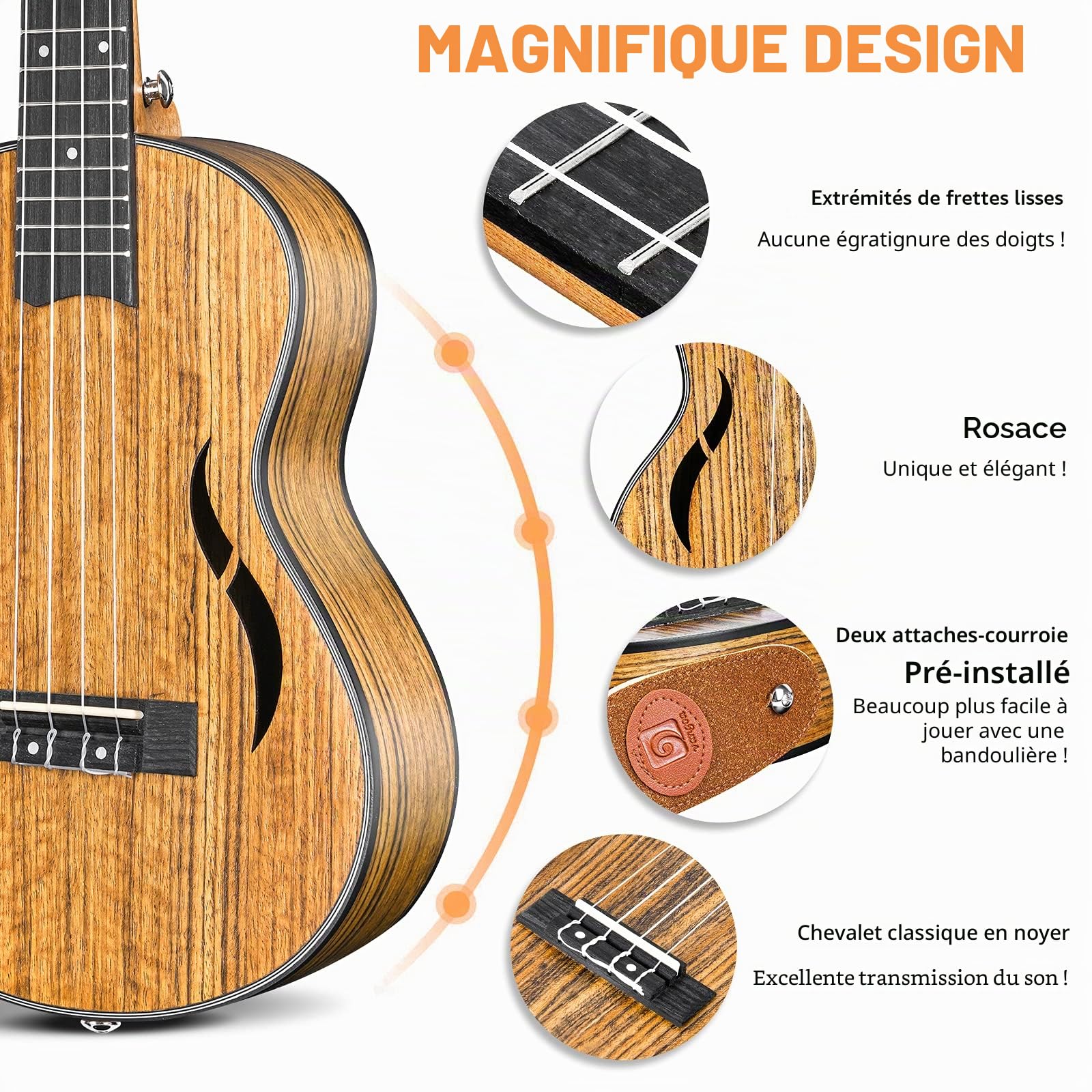Vangoa 23 pouces Ukulélé de Concert Bois de Noyer Hawaii Ukulélé Acoustique pour Débutants Adultes avec Sac, Naturel