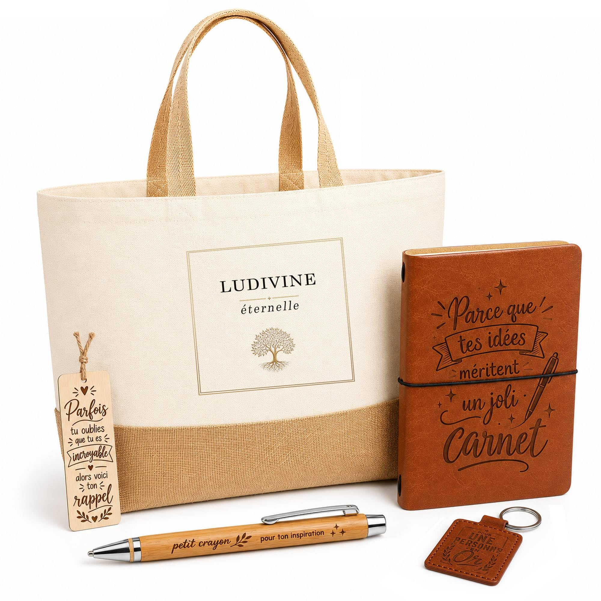 Planetee Coffret Cadeau Ludivine Éternelle | Sac Cabas Coton et Jute 18 L, Carnet, Stylo Bambou, Porte-Clés, Marque-Page | 5 Pièces Gravées | Anniversaire Noël