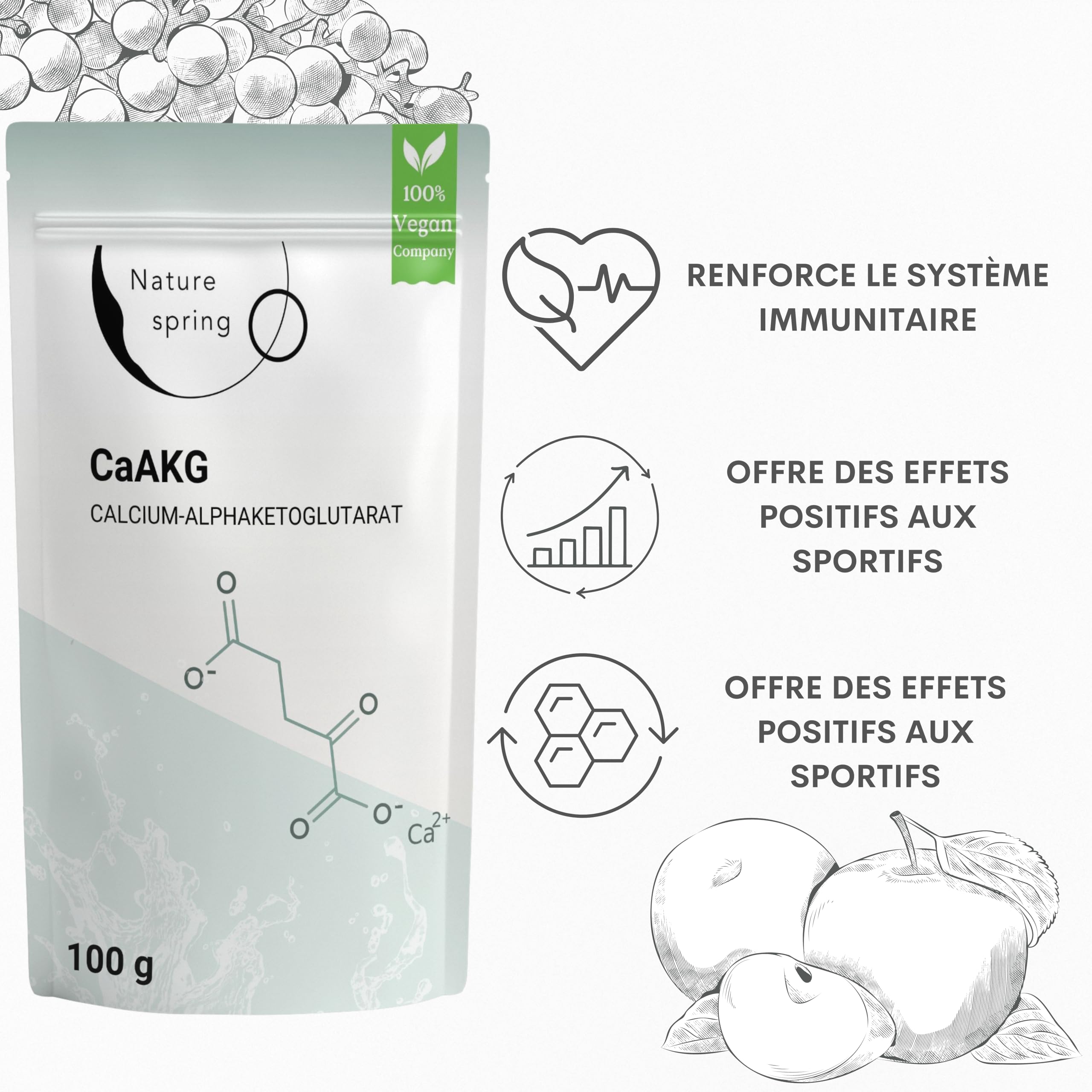 CaAKG Poudre hautement dosée | Pack d'approvisionnement (100 grammes) +3,3 mois | Calcium-Alphacétoglutarate végétalien premium | 1000 mg de CaAKG par portion | Testé en laboratoire en Allemagne