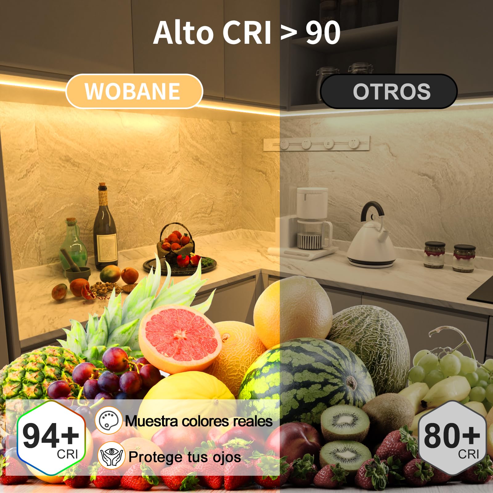 WOBANE Tira Led COB Blanco Cálido 3000K, Luces Led 3 Metros con Control Remoto Regulable,Tiras Led Cocina Bajo Mueble con Alimentación para Habitacion,Escaparate,Gabinete