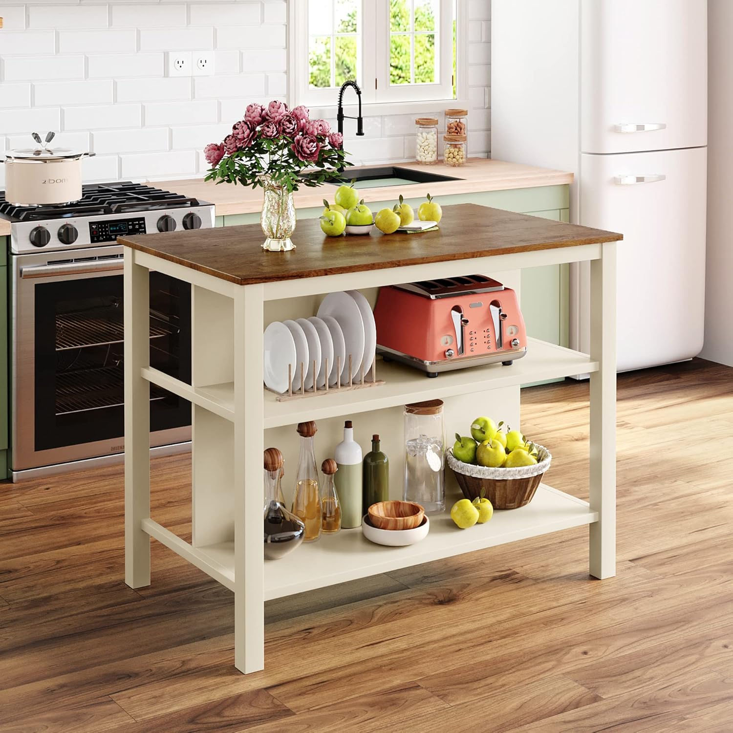 Polibi Kitchen Island with various kitchen items on its open shelves.