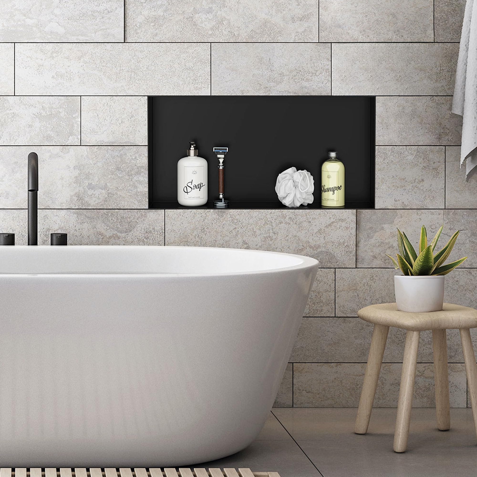 LuxeBath Nicho de Ducha de Acero Inoxidable 60x30x10cm cm Negro Marco de Pared Empotrado Alicatable Estante Integrado Instalación Flexible para Almacenamiento Organizador de Utensilios para Baño