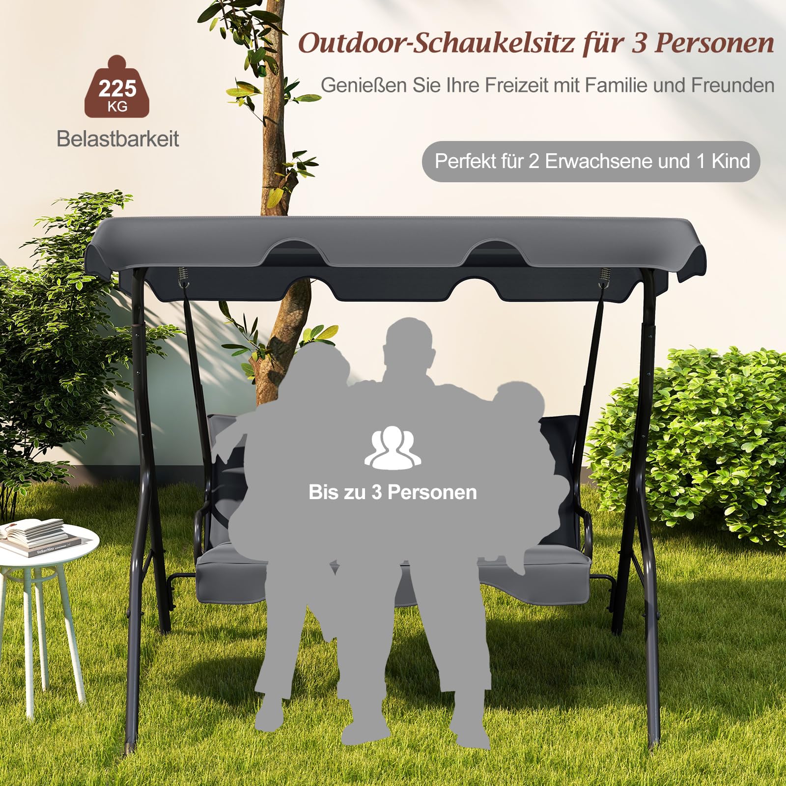 RELAX4LIFE Hollywoodschaukel 3-Sitzer, Schaukelbank mit verstellbarem Sonnendach, Gartenschaukel Stahl, Gartenliege für Garten & Terrasse & Balkon, stabile Gartenbank, Schaukel Farbewahl (Grau)