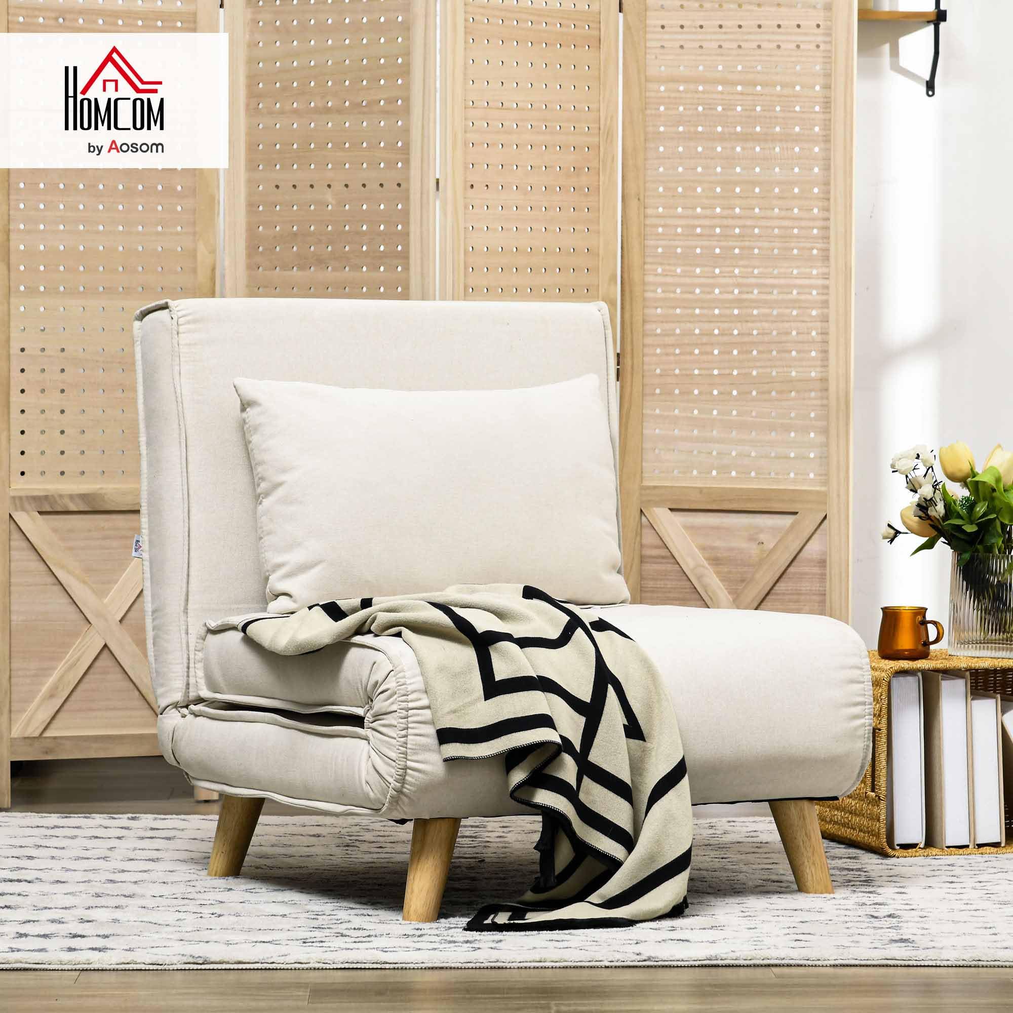 HOMCOM Poltrona Letto Singolo 2 in 1, Schienale Regolabile 6 Livelli, Beige