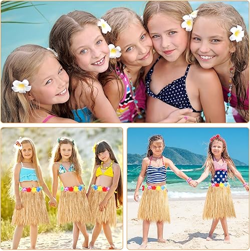 Miniatura 4 de Wettarn 12 faldas hawaianas de hierba hula para niños, faldas tropicales de hula para fiesta de Luau, disfraz hawaiano para niñas, Color de paja.