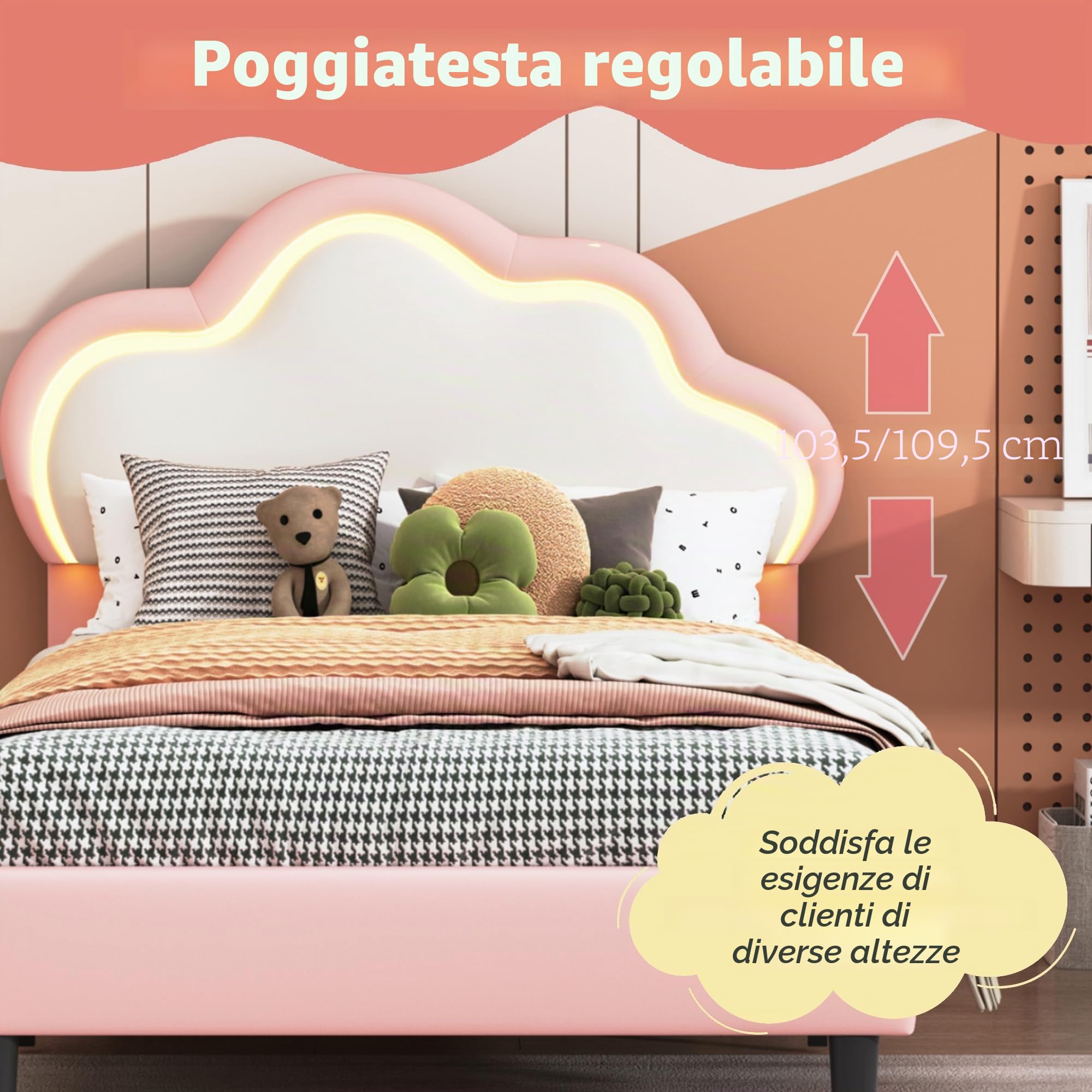 Letto bambini 90 x 200 cm, letto bambina con design a nuvole, illuminazione a LED e testiera regolabile, letto per bambini per cameretta dei bambini, senza materasso (rosa+PU(2), 90 x 200)