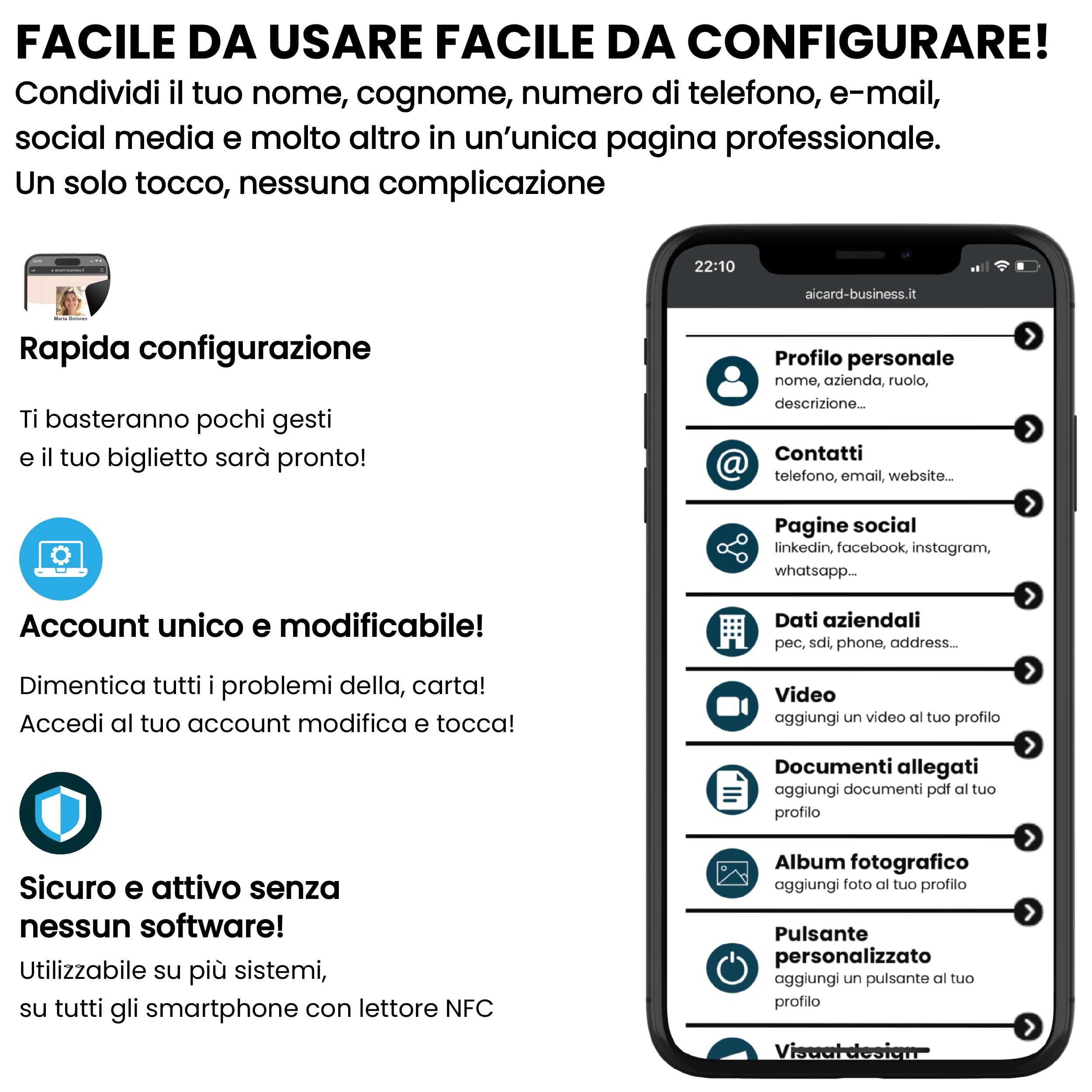 Biglietto da visita Digitale NFC Personalizzabile Aicard NERO Compatibile con smartphone Android e iOS