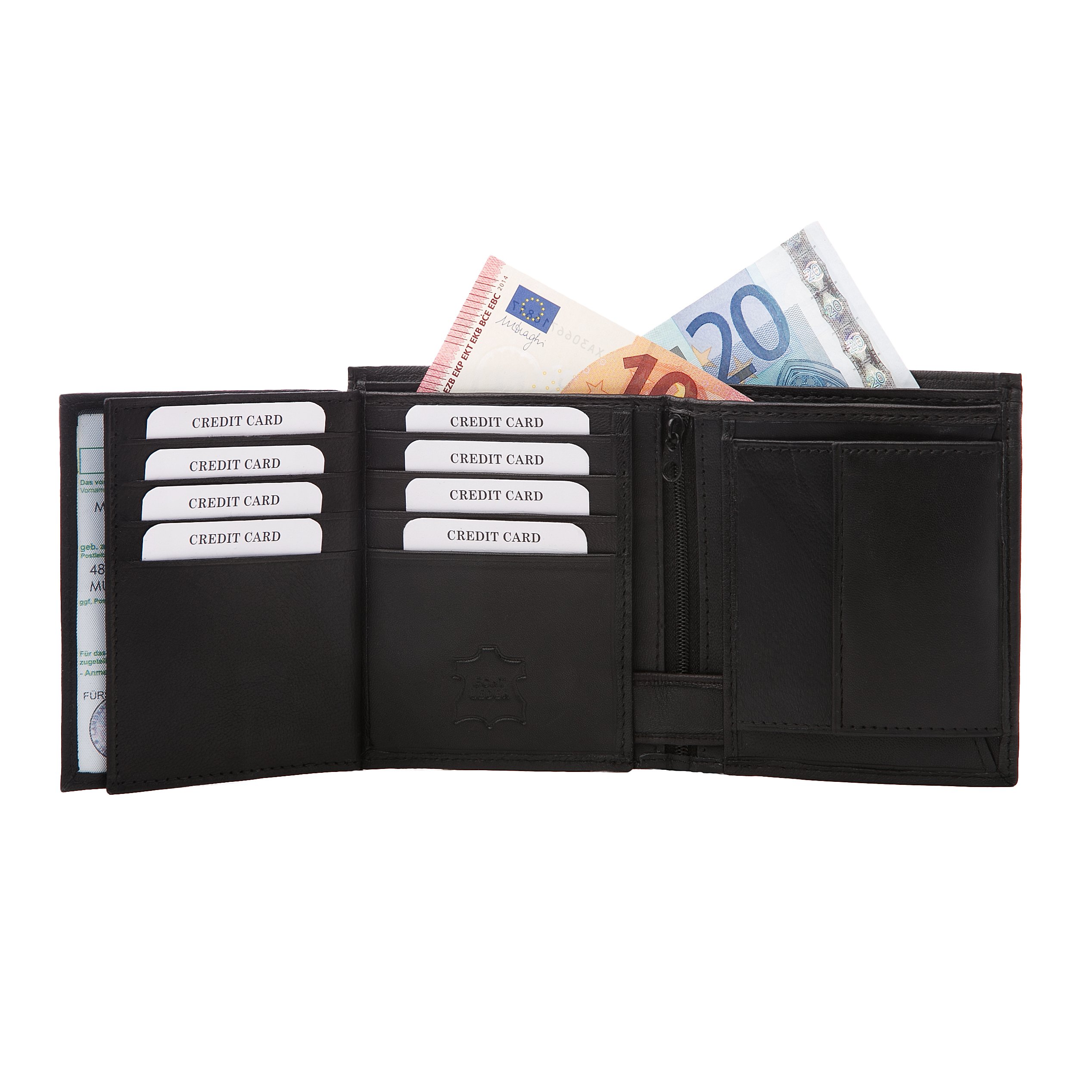 Fa.Volmer® Aksamitnie miękki portfel męski z prawdziwej skóry jagnięcej, format pionowy, 10 przegródek na karty kredytowe, czarny (#WSH91), czarny, Trifold, Klasyczny