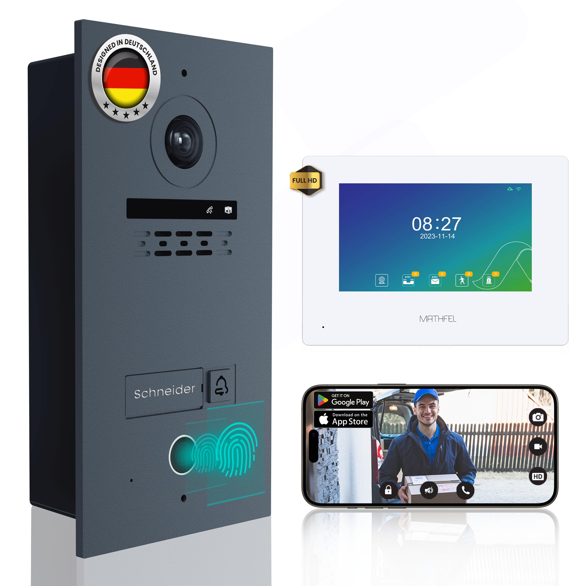 MATHFEL 1 casa di famiglia Fingerprint 2 fili Bus WLAN Videocitofono 10 pollici monitor con Full HD 2 Megapixel 170 gradi fotocamera grandangolare – Stazione esterna in antracite con RFID