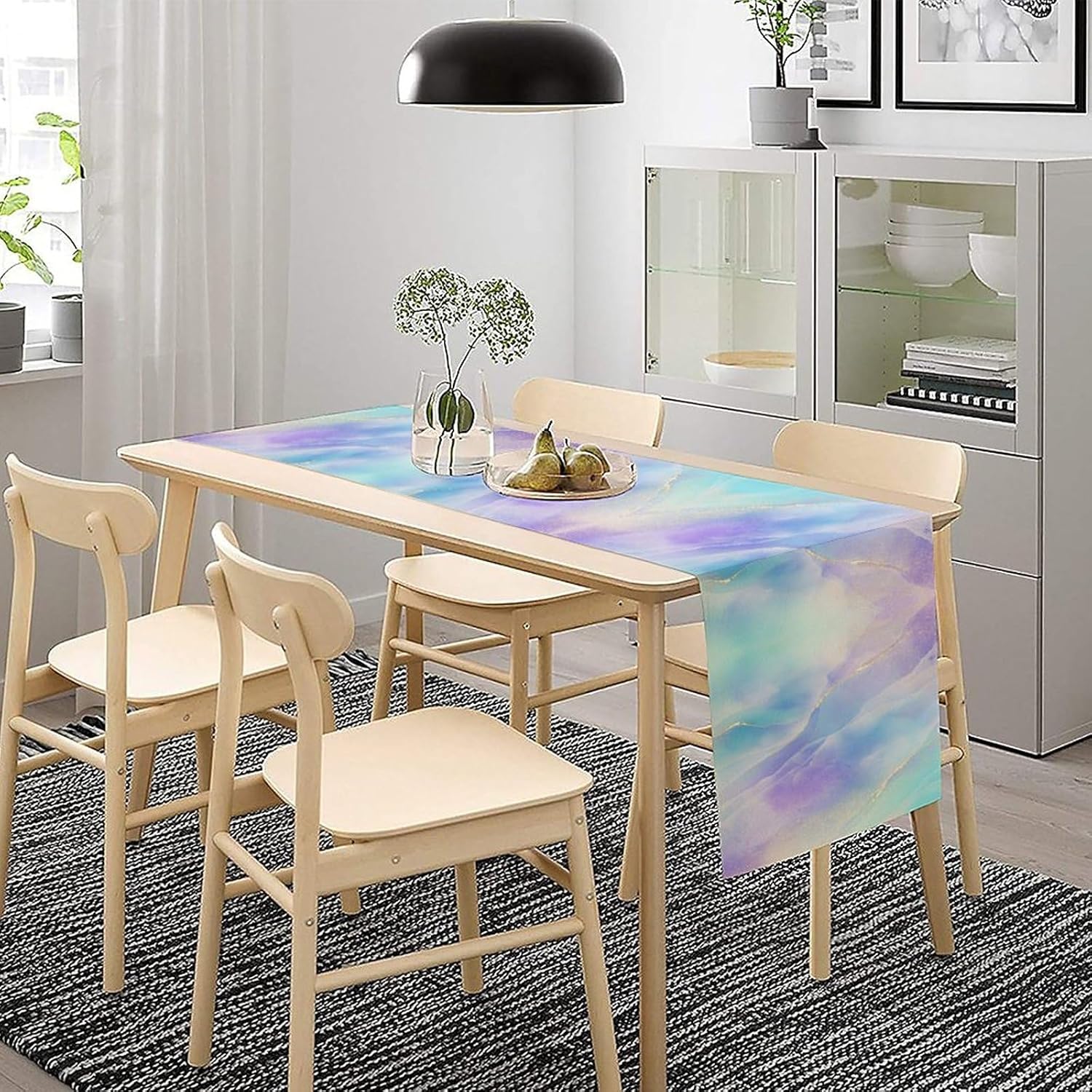 Abstract Marble Table Runner, Watercolor Pink Turquoise Modern Ink Art Tablerunner for Kitchen Cafe Dining End Table Sofa Holiday Wedding Decor 13x108in