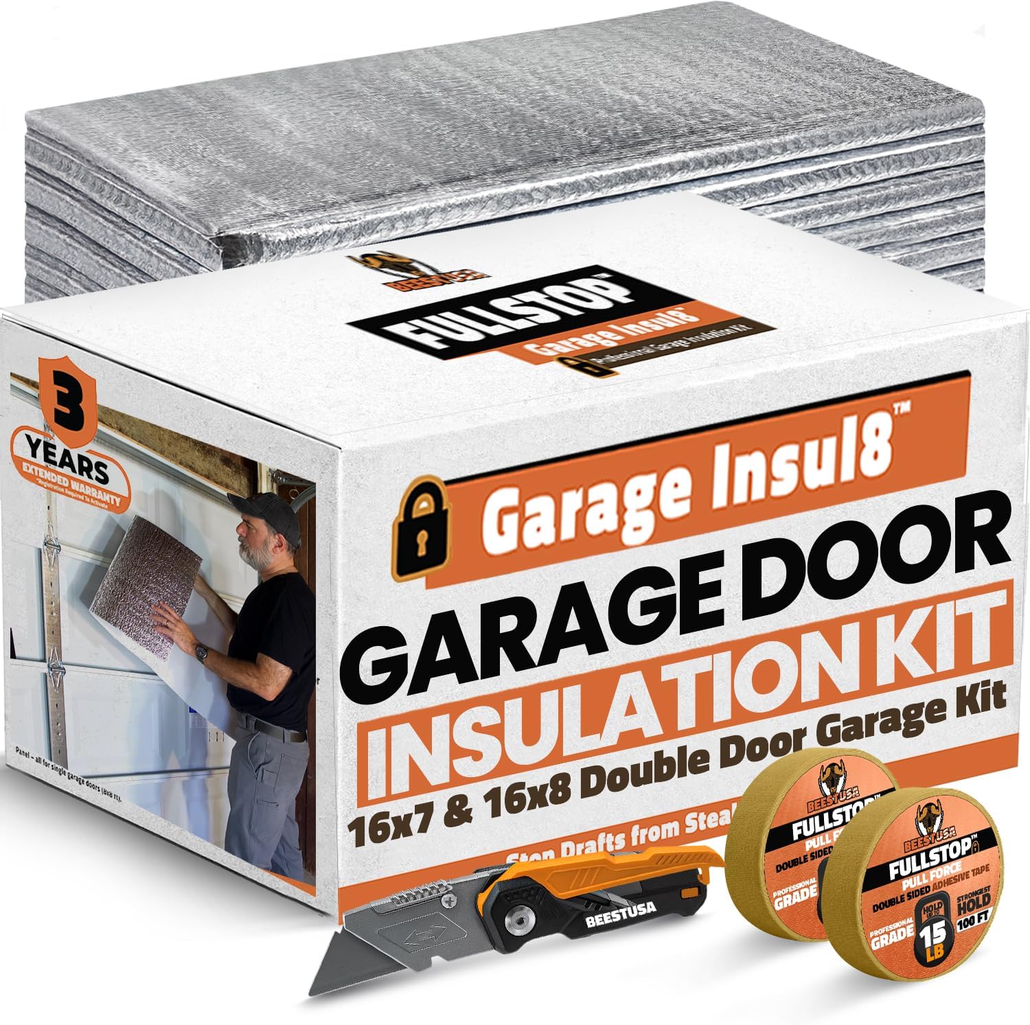 BEEST FULLSTOP Garage Door Insulation Kit - 16 Pre-Cut 24x48 Foam-Core Panels w/ Tape, Cutter, Squeegee - Easy DIY 16x7 &amp; 16x8 ft Double Garage Door Insulation Panels - for Instant Temperature Rel