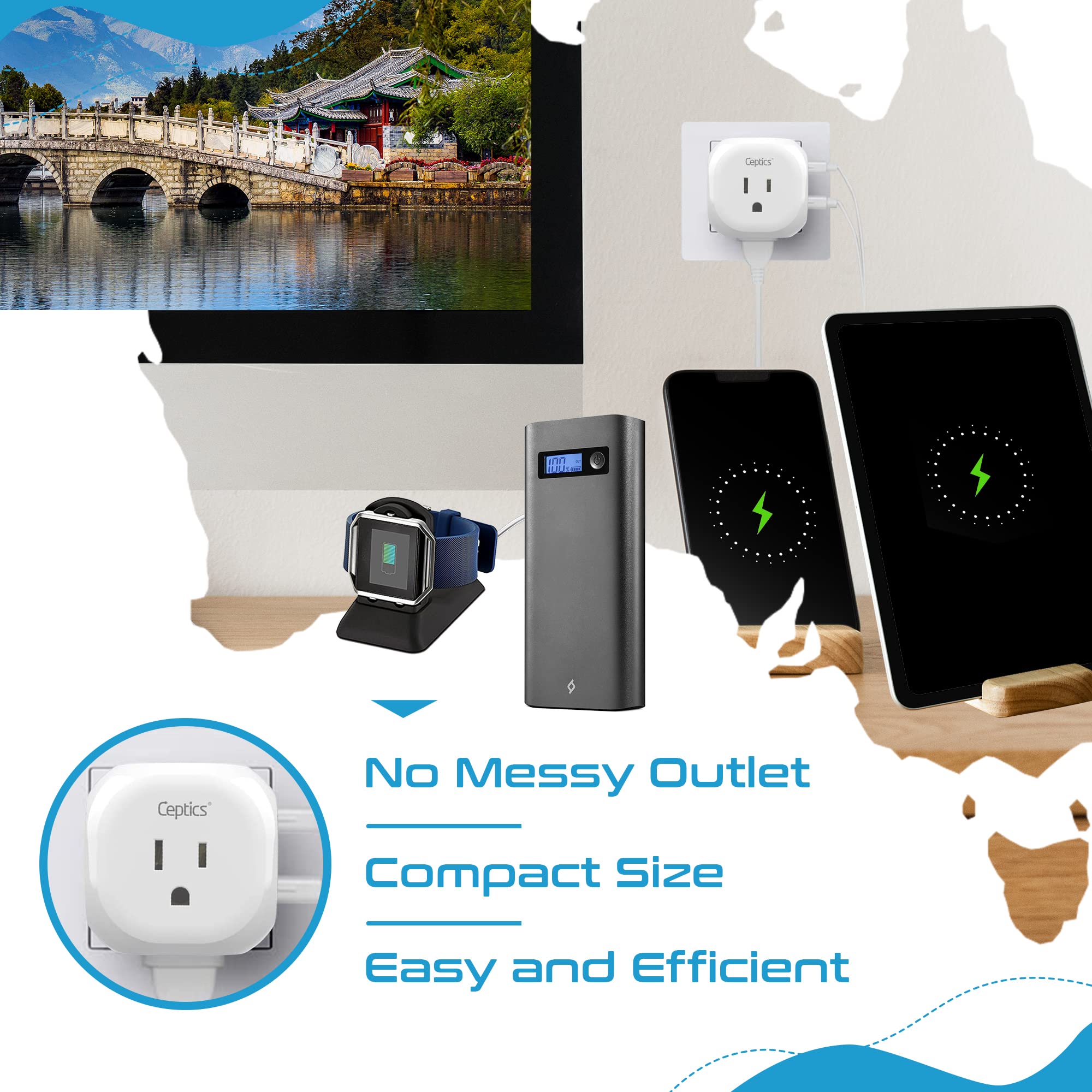 Ceptics Adattatore Da Viaggio Per Australia E Cina - 5 Ingressi Con 20 W Pd-Qc 3.1A Dual Usb-C E Usb - Ultracompatto - Leggero - Ee. A Qualsiasi Paese Di Tipo I Come Nuova Zelanda, Argentina E Più Bl