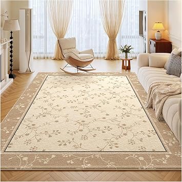 Floral Washable Area Rugs, Vintage Rug for Living Room Non Slip Low Pile Non-Shedding Easy Clean for Living Room Bedroom Dining Room Home Office - Beige Black K 140x200cm