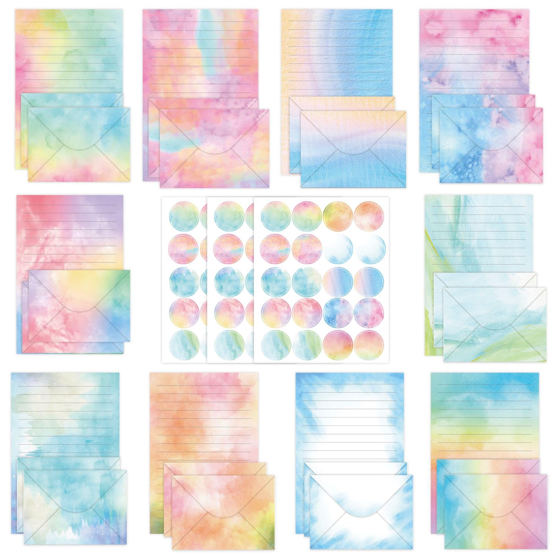 160 Packs Stationary Paper Set (50 Single-Sided Stationery Writing Papers 50 Matching Envelopes) 60 Round Dot Sticker,A5 WaterColor Lined Stationery