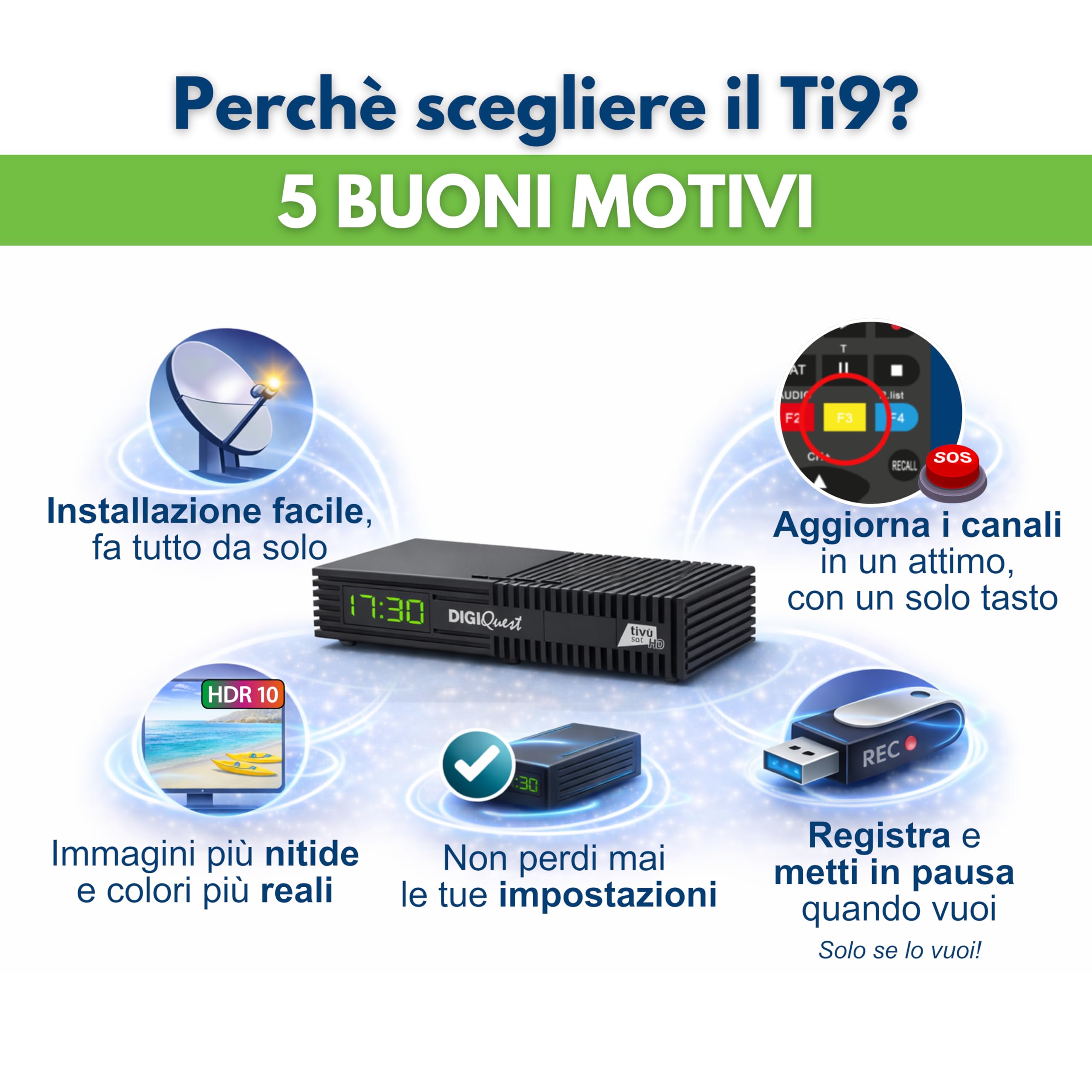DIGIQUEST Decoder Tivùsat Ti9 con Smartcard Inclusa | Collega e guarda subito | Facile da installare | Telecomando 2in1 | Funzione di registrazione attivabile | DVB-S2 | HDR10/ HLG | Merlin