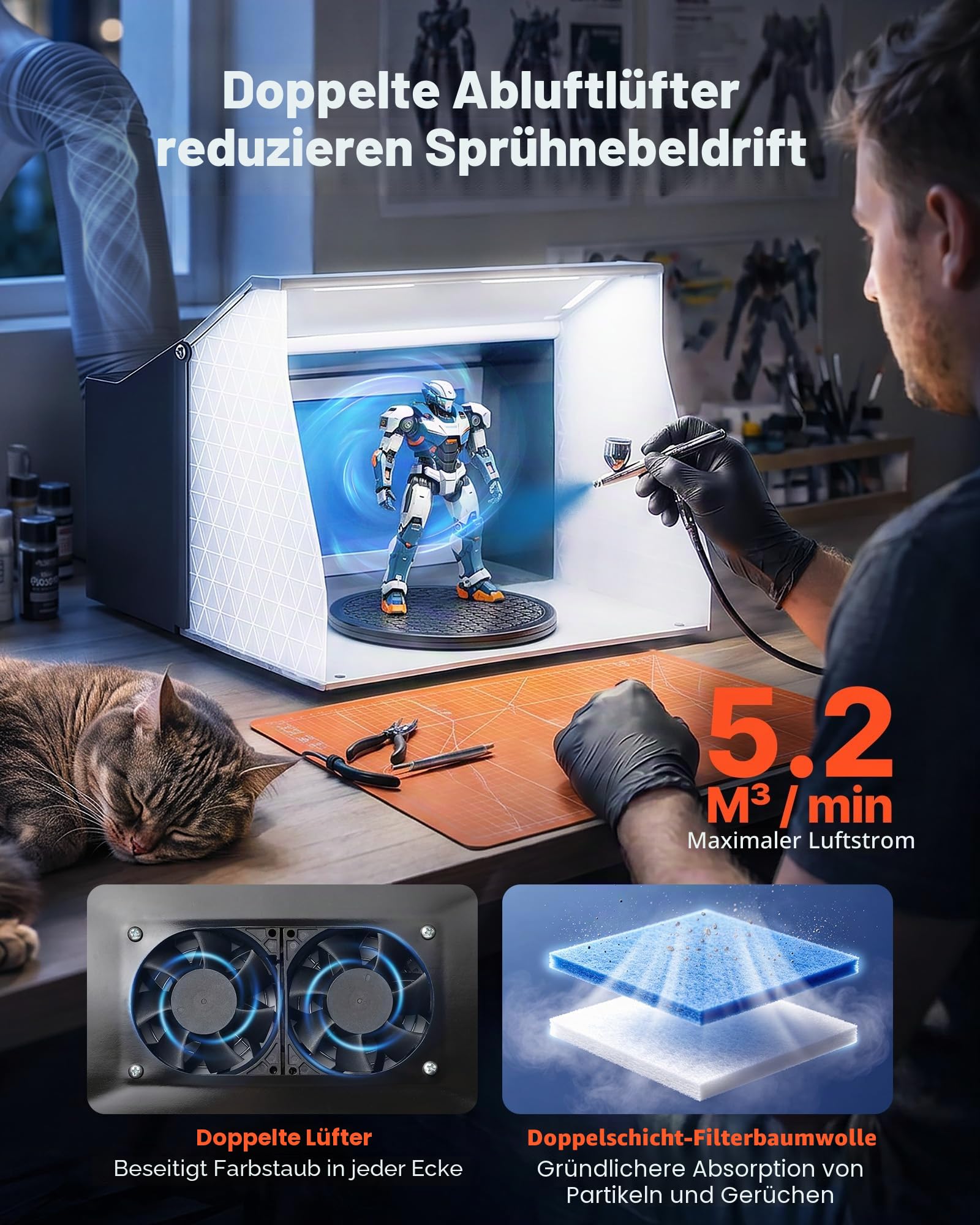 VEVOR Airbrush Spritzkabine 405 x 330 x 355 mm 5,2 m³/min Doppelte Lüfter