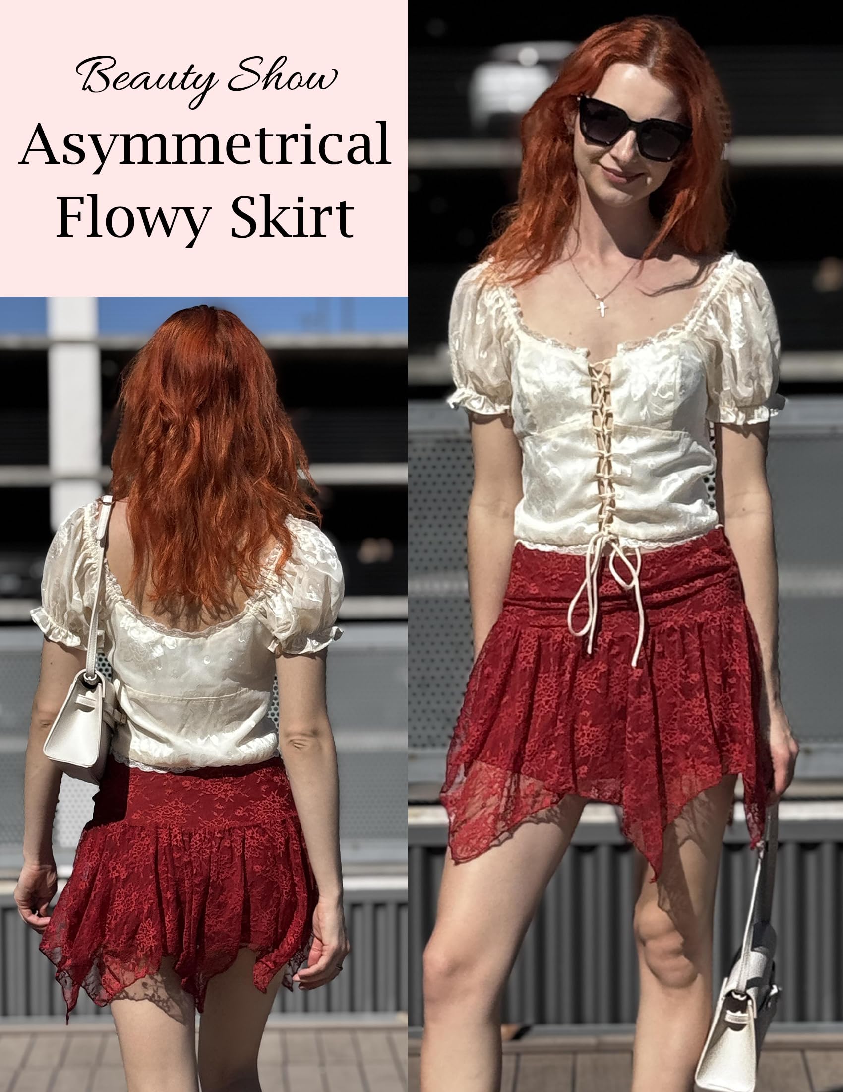 Avidlove Lace Mini Skirts for Women Flowy Skirt Boho Layered Asymmetrical Short Skirt: Red Large