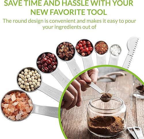 Miniatura 2 de Spring Chef Cucharas medidoras redondas de acero inoxidable, juego de 8 y cuchara de helado de primera calidad con mango cómodo, color negro -