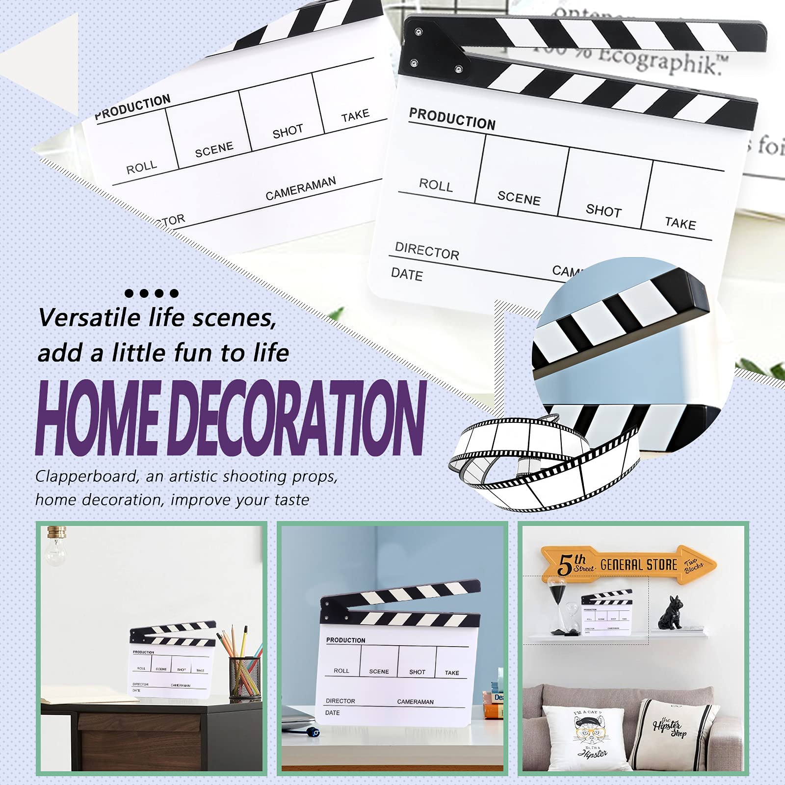 Swpeet 8Pcs 10"x12" Black Acrylic Film Movie Directors Clapboard Kit, 1Pcs Magnetic Blackboard Eraser - Image 3