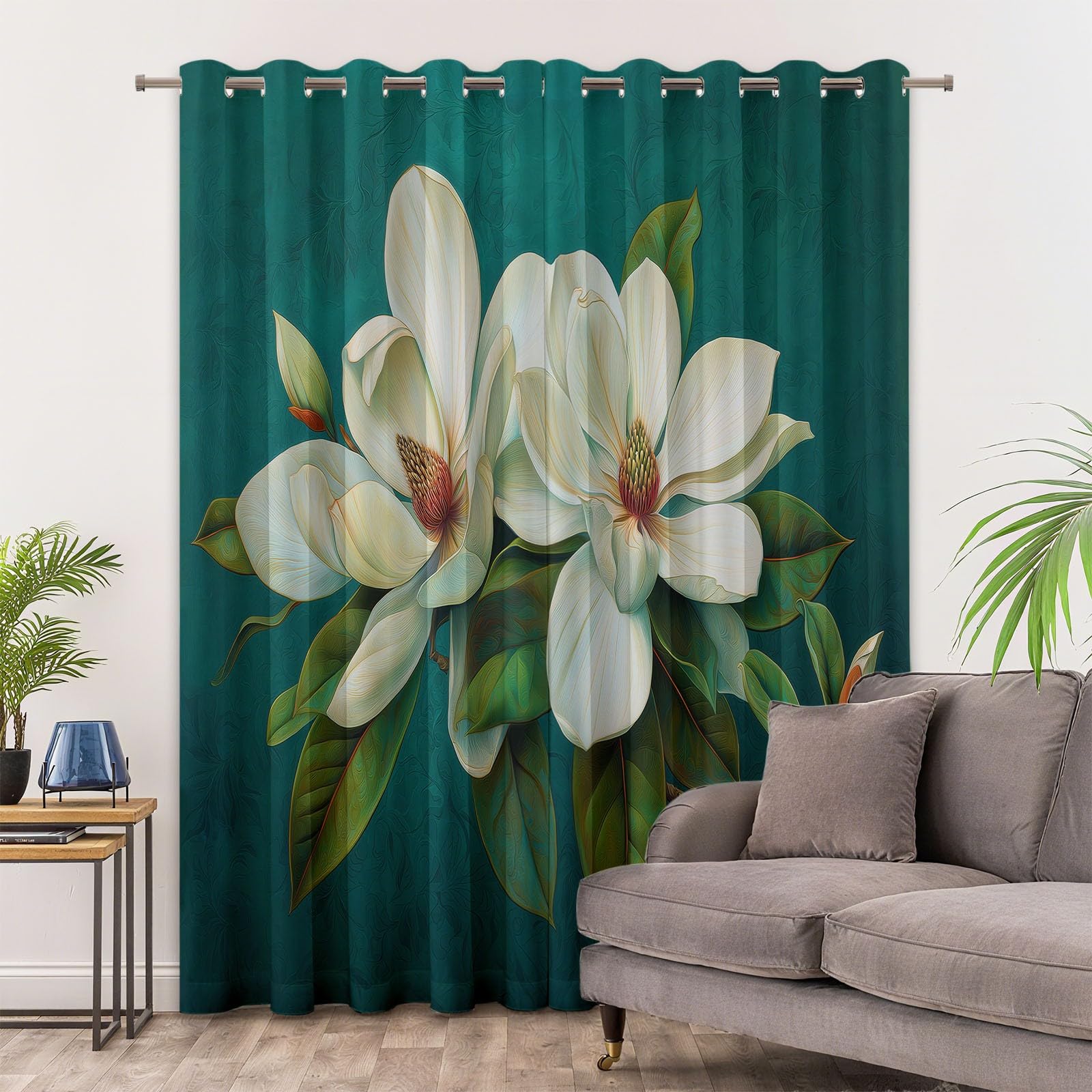 Izolowane termicznie zasłony zaciemniające do domu na zimno i ciepło 100% zaciemnienie kwiaty magnolii malowane olejnie są eleganckie, akustyczne z oczkami do salonu sypialni 2 sztuki, zielone, 117 x