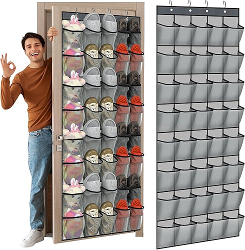 Miniatura 8 de Windyun Organizador de zapatos sobre la puerta con 40 bolsillos grandes de malla transpirable, ahorro de espacio, colgador de zapatos colgante gris