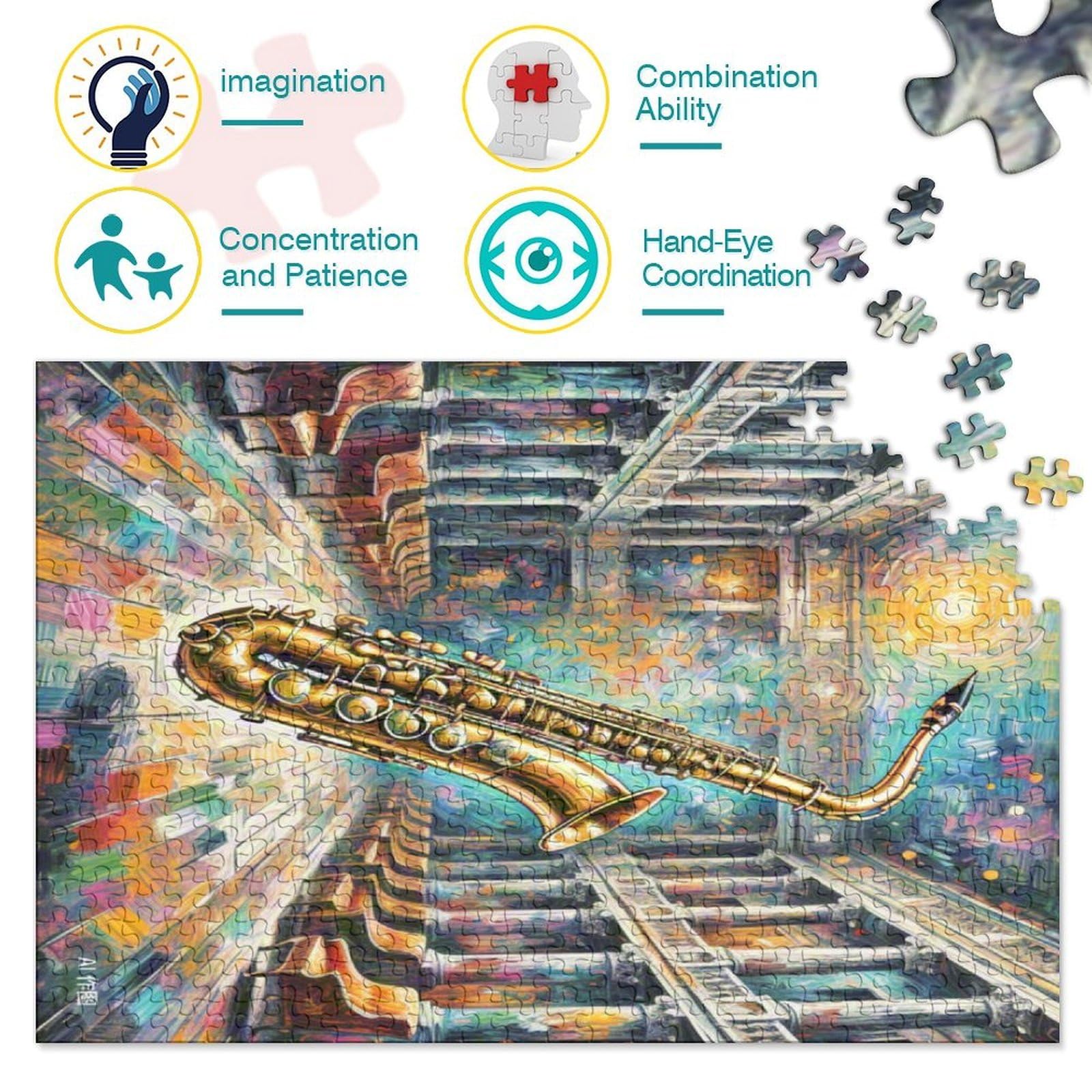 Puzzle saksofonowe dla dorosłych i dzieci. 1000 sztuk świetnych prezentów wyzwanie zabawka edukacyjna dekoracja domu dla dorosłych i dzieci w wieku od 14 lat 70 x 50 cm / 1000 szt