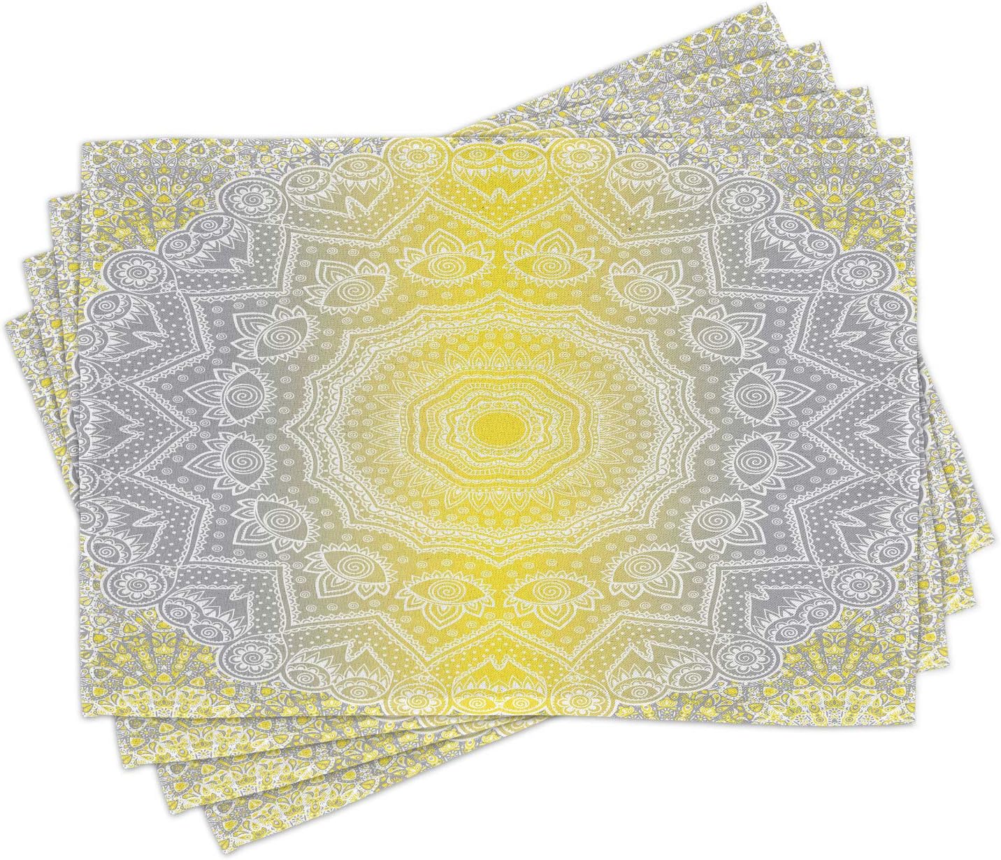 Ambesonne Grey and Yellow Place Mats Set of 4, Mandala Ombre Old Boho Pattern with Spiral Round Floral Print, Washable Fabric Placemats for Dining Table, Standard Size, Yellow and Grey
