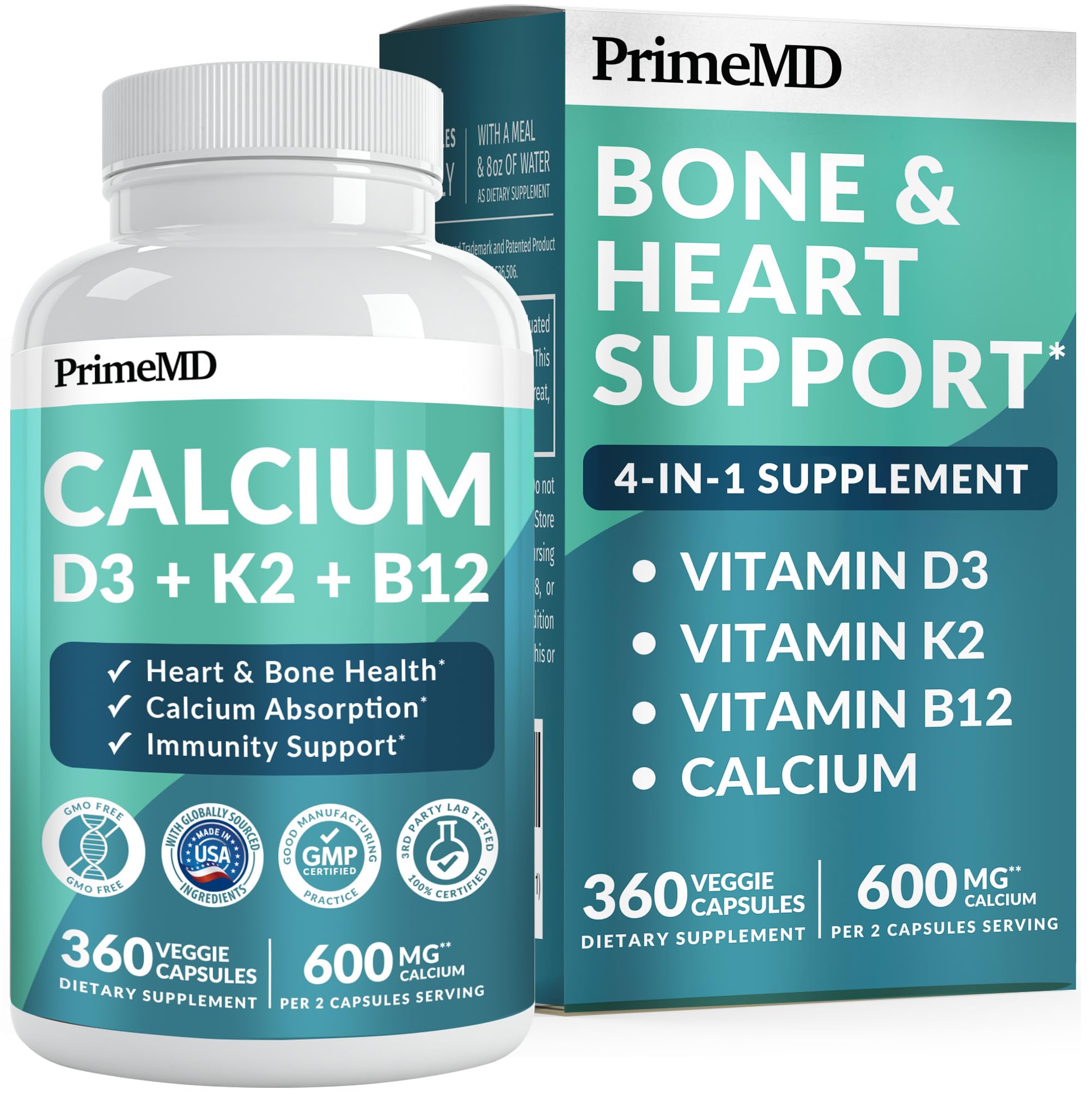 PrimeMD 4-in-1 Calcium 1200mg, Vitamin D3 K2 5000IU, Vegan Non-GMO, 360ct 360 Count (Pack of 1)